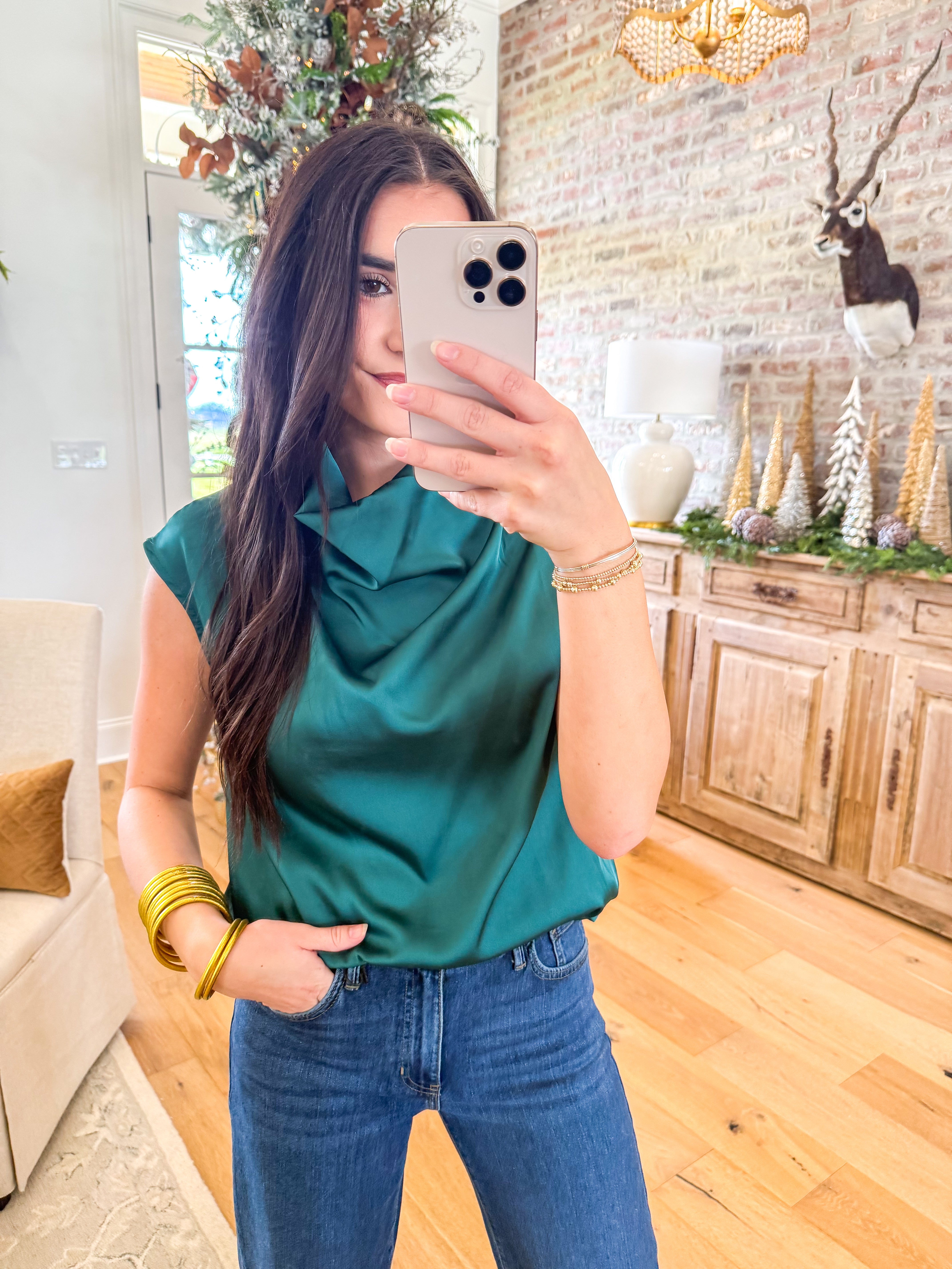 Emerald Satin Cowl Neck Top