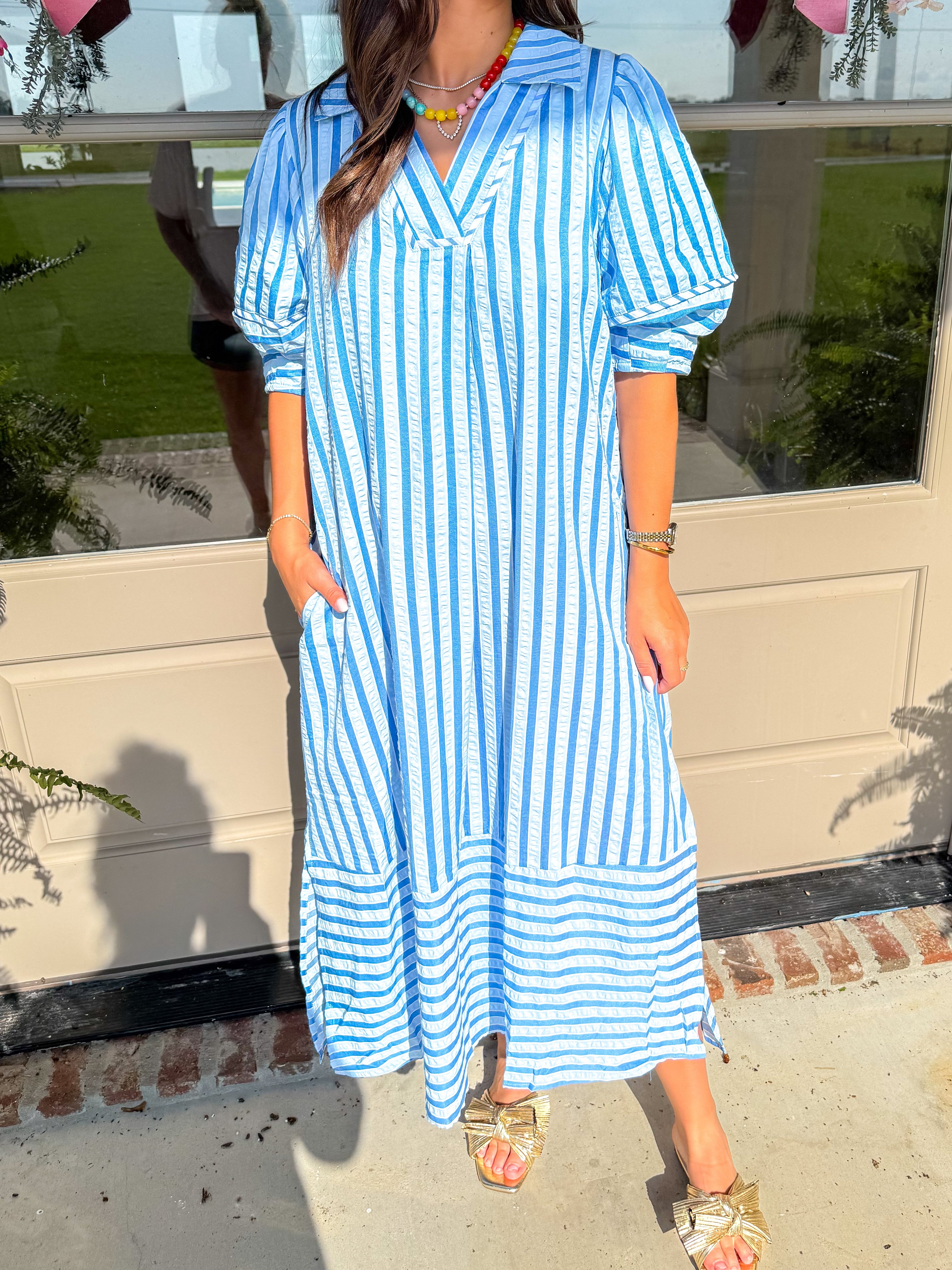 Coastal Stripe Puff Sleeve Midi Blue