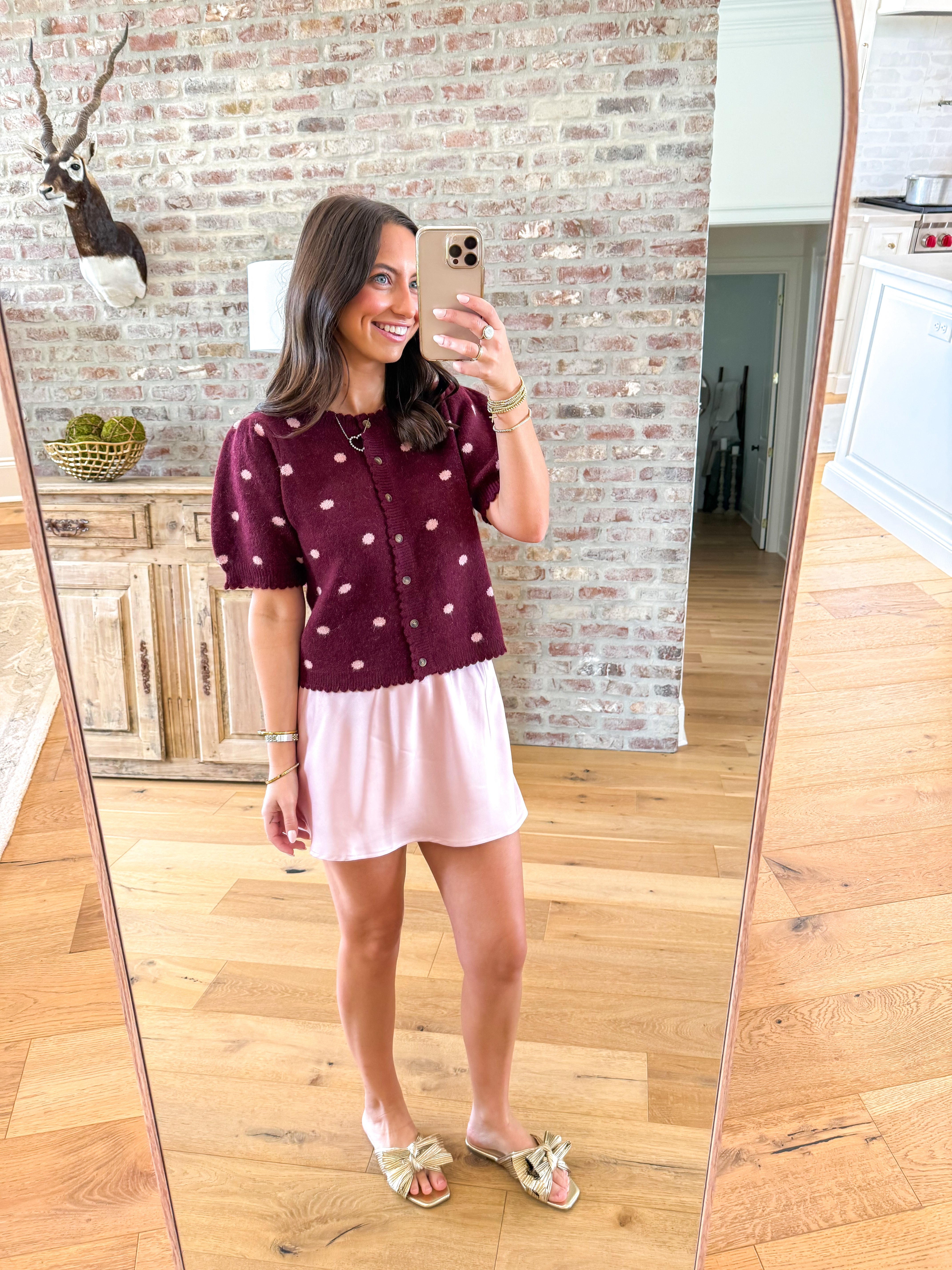 Burgundy Polka Dot Puff Sleeve Cardigan