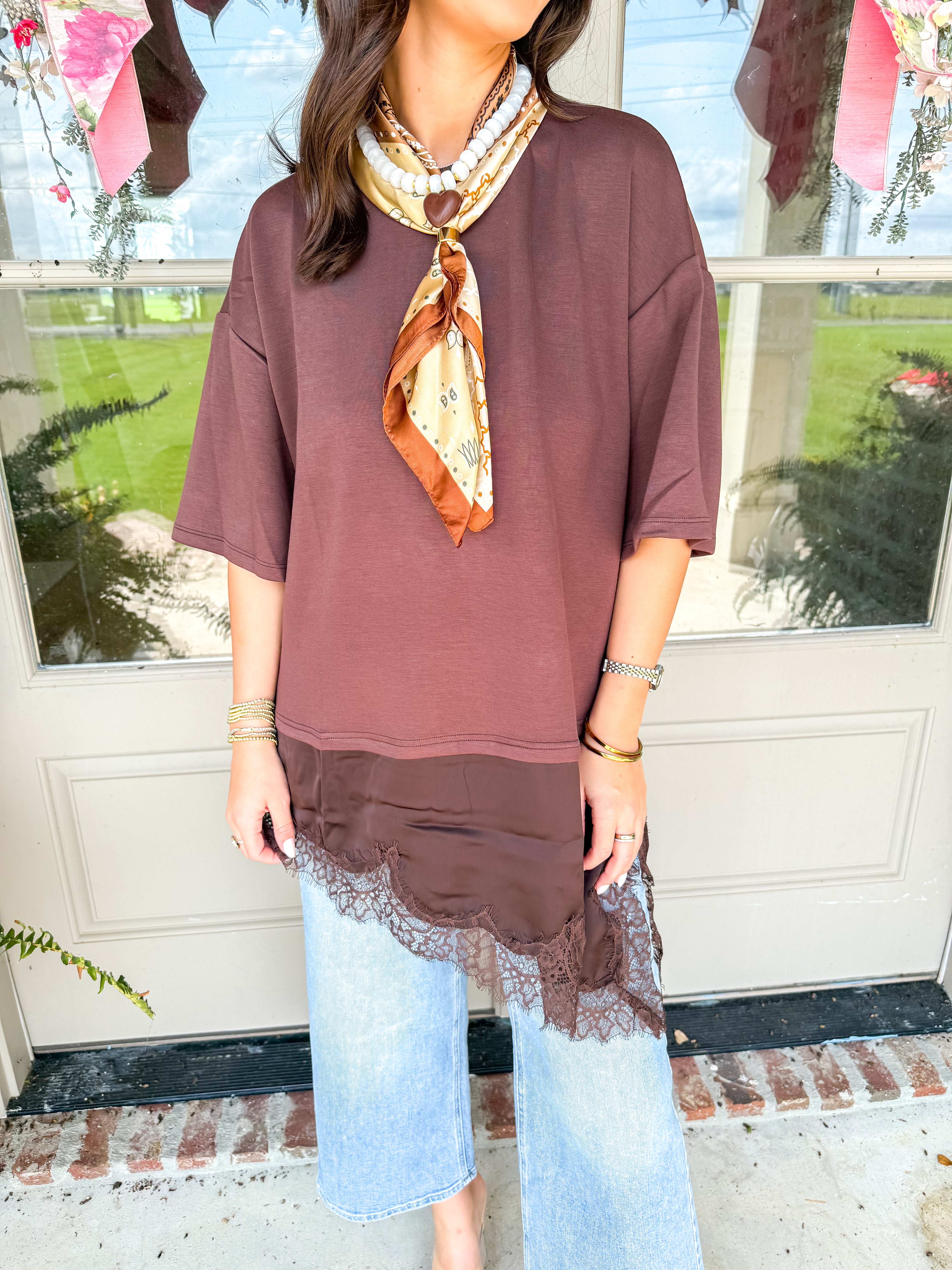 The Charlotte Lace-Hem Tee Brown