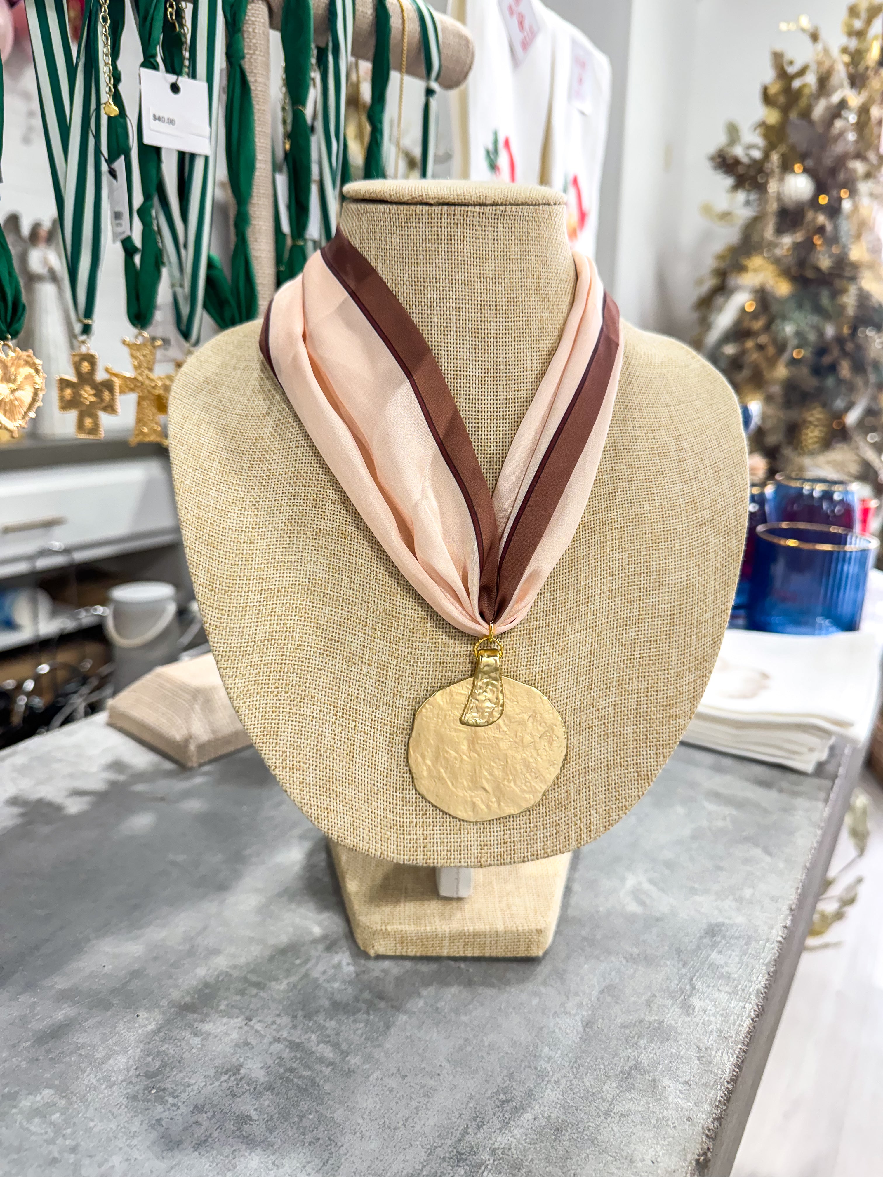 Pink & Brown Large Scarf Necklace Gold Circle Pendant