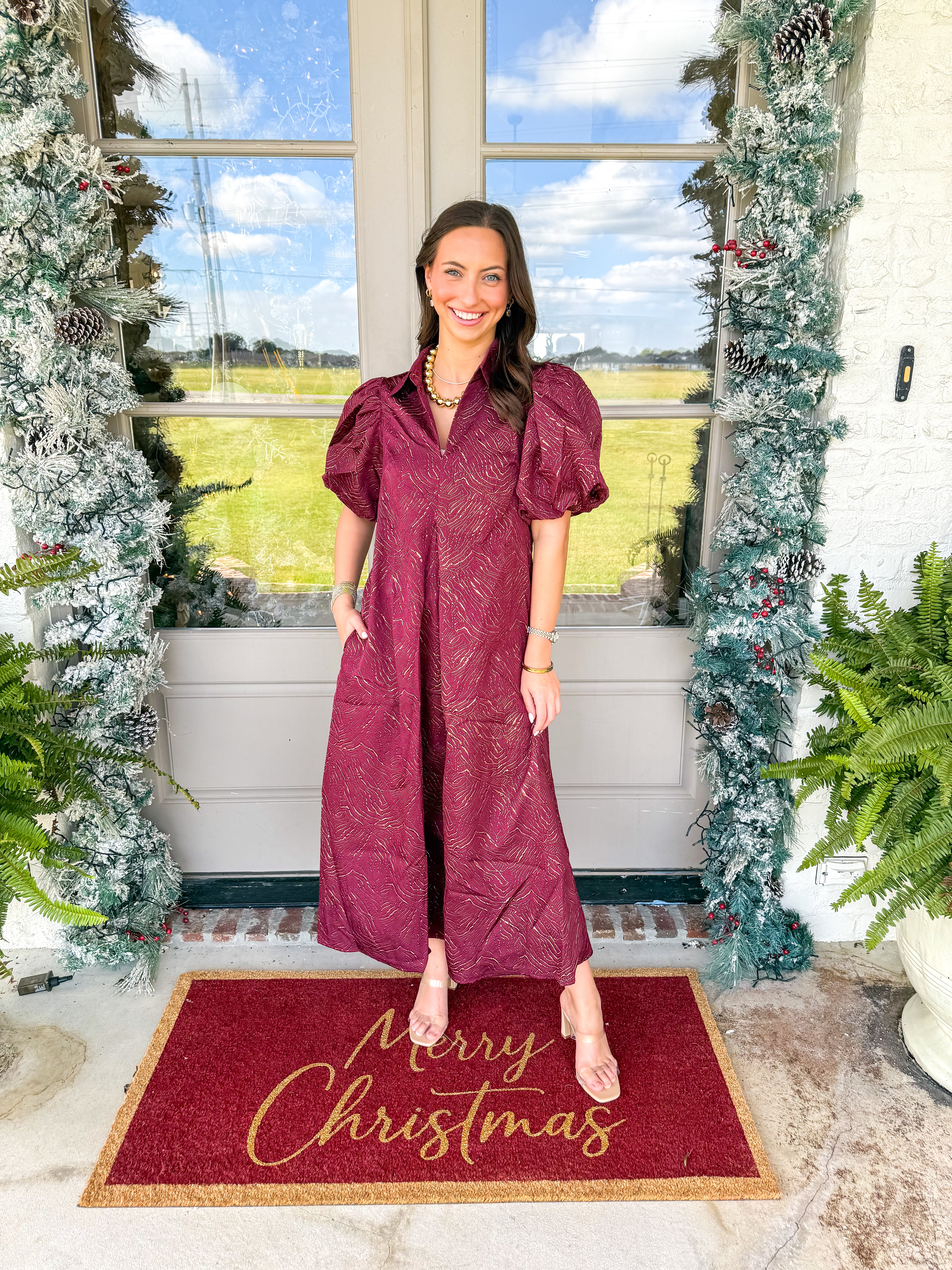 The Burgundy Lurex Puff Sleeve Midi Dress