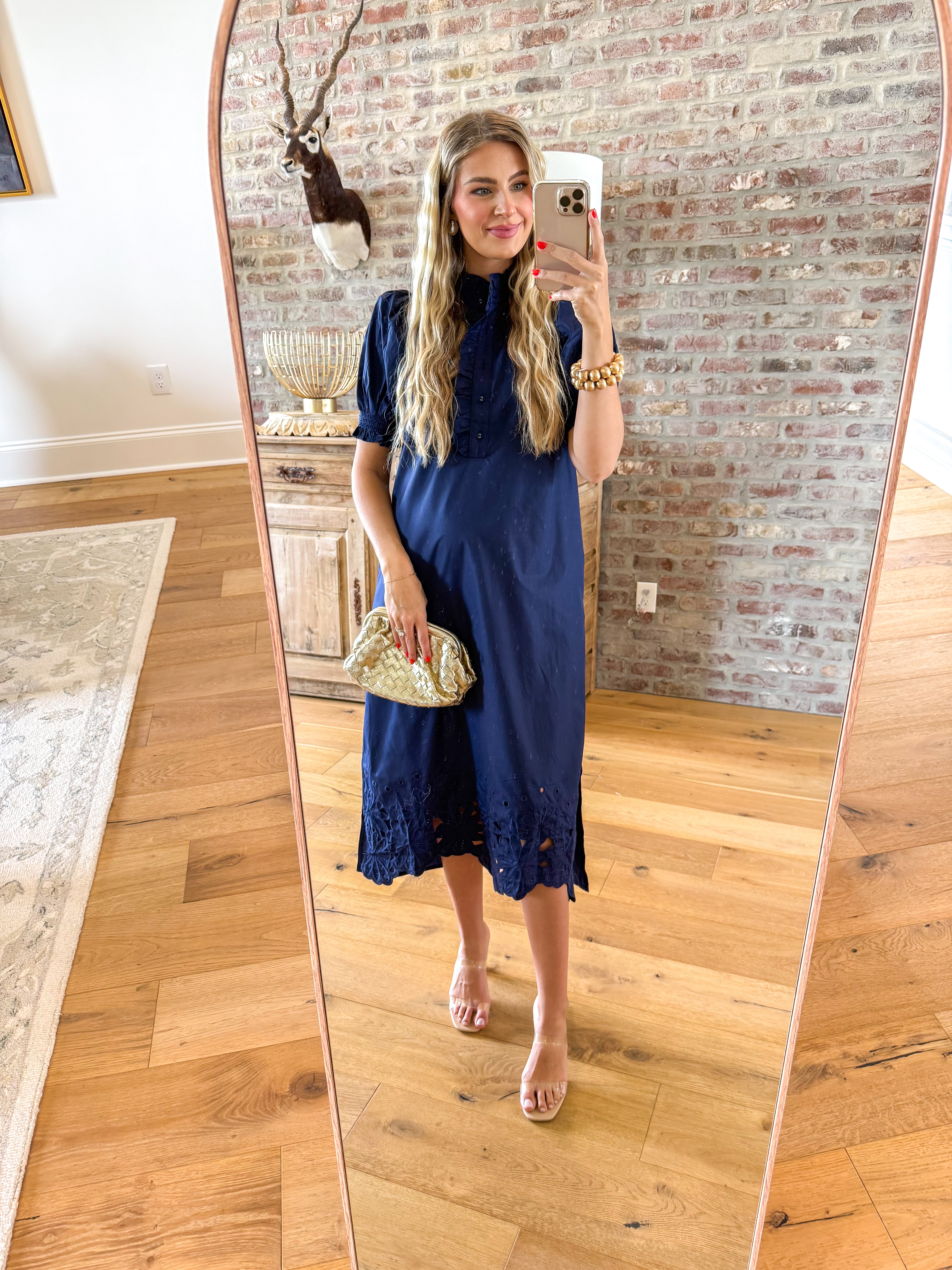 Navy Ruffle Embroidered Midi