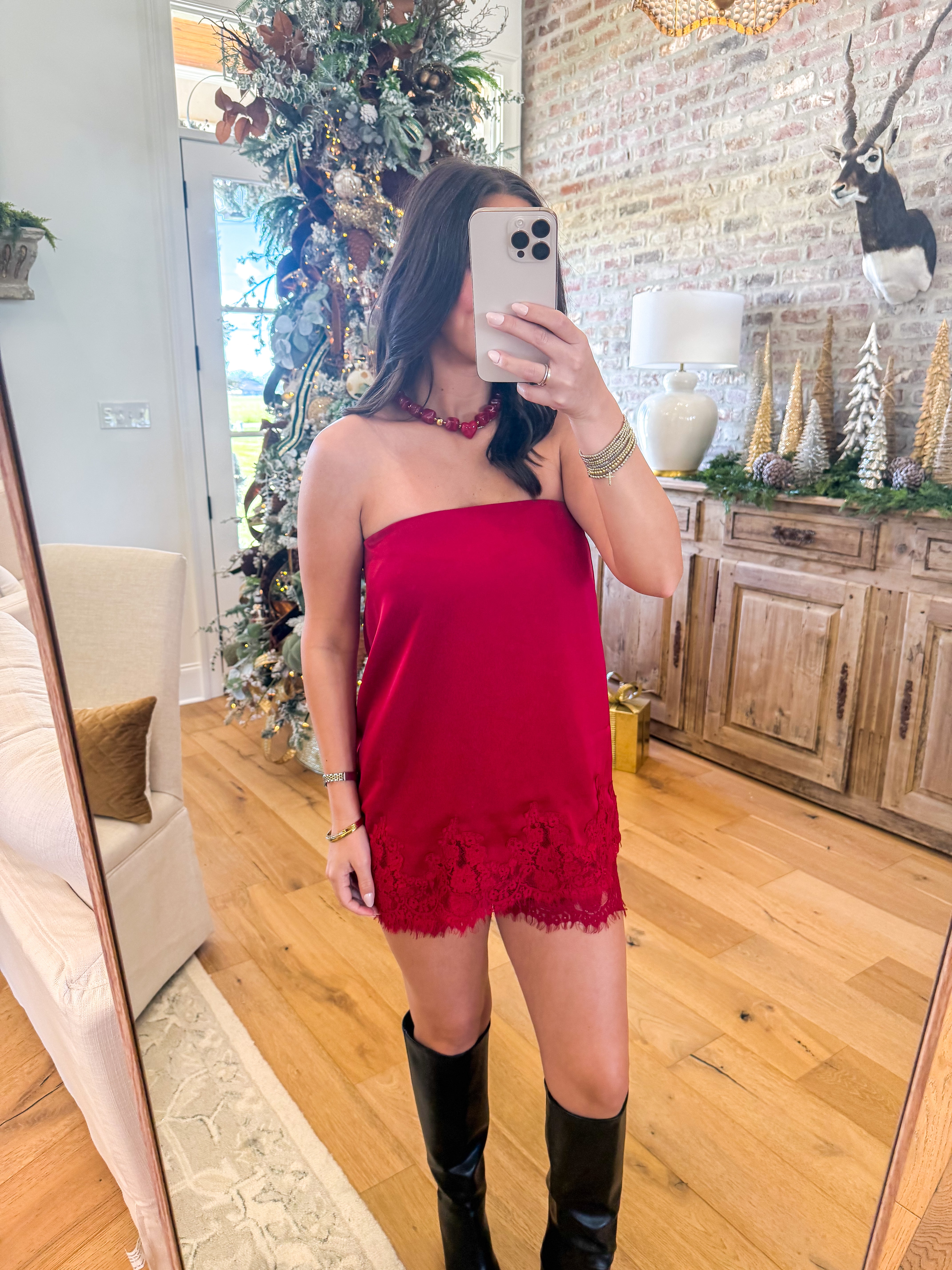 Crimson Charm Satin Lace Set