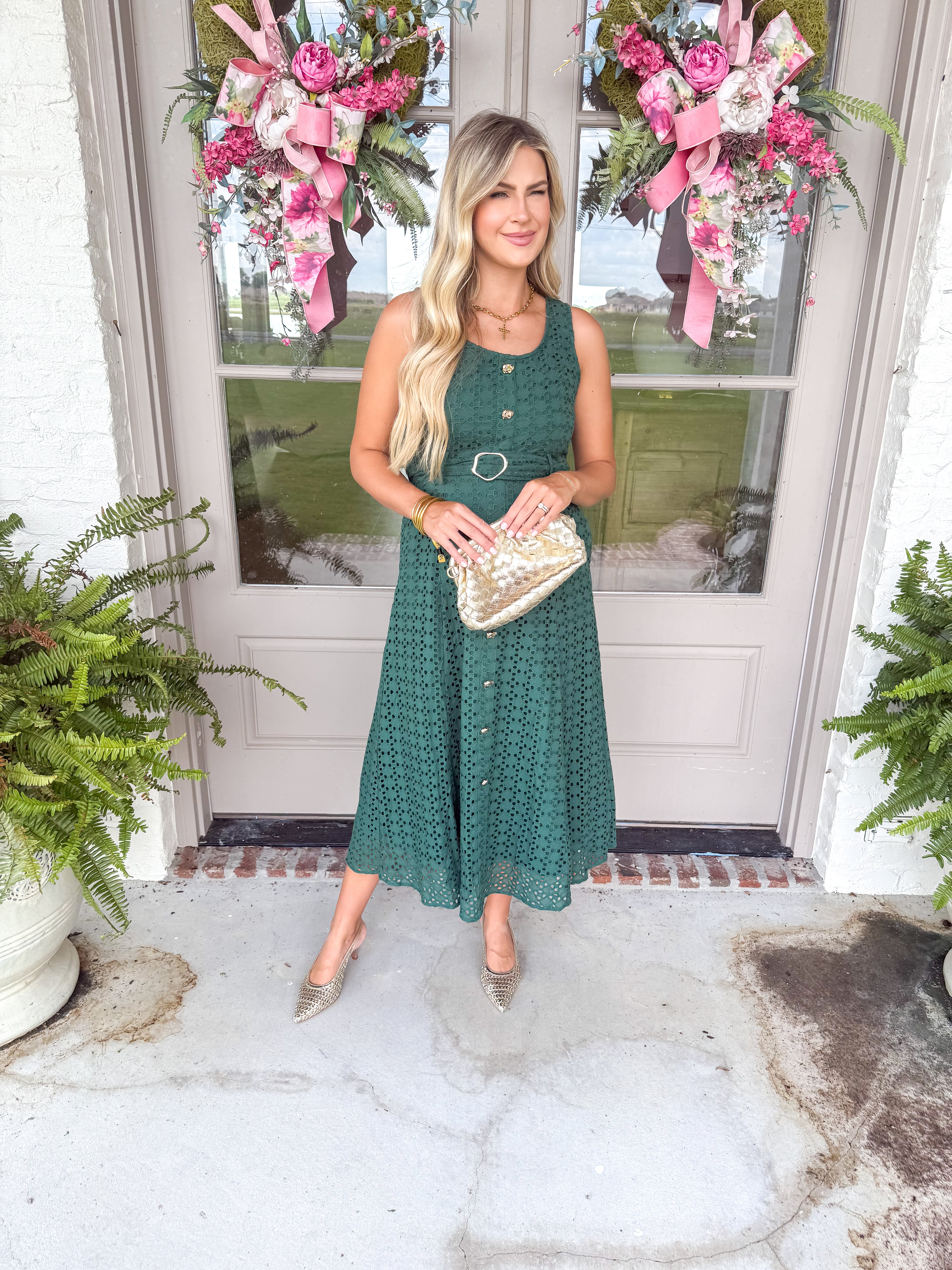 Emmaline Eyelet Midi Dress Hunter Green