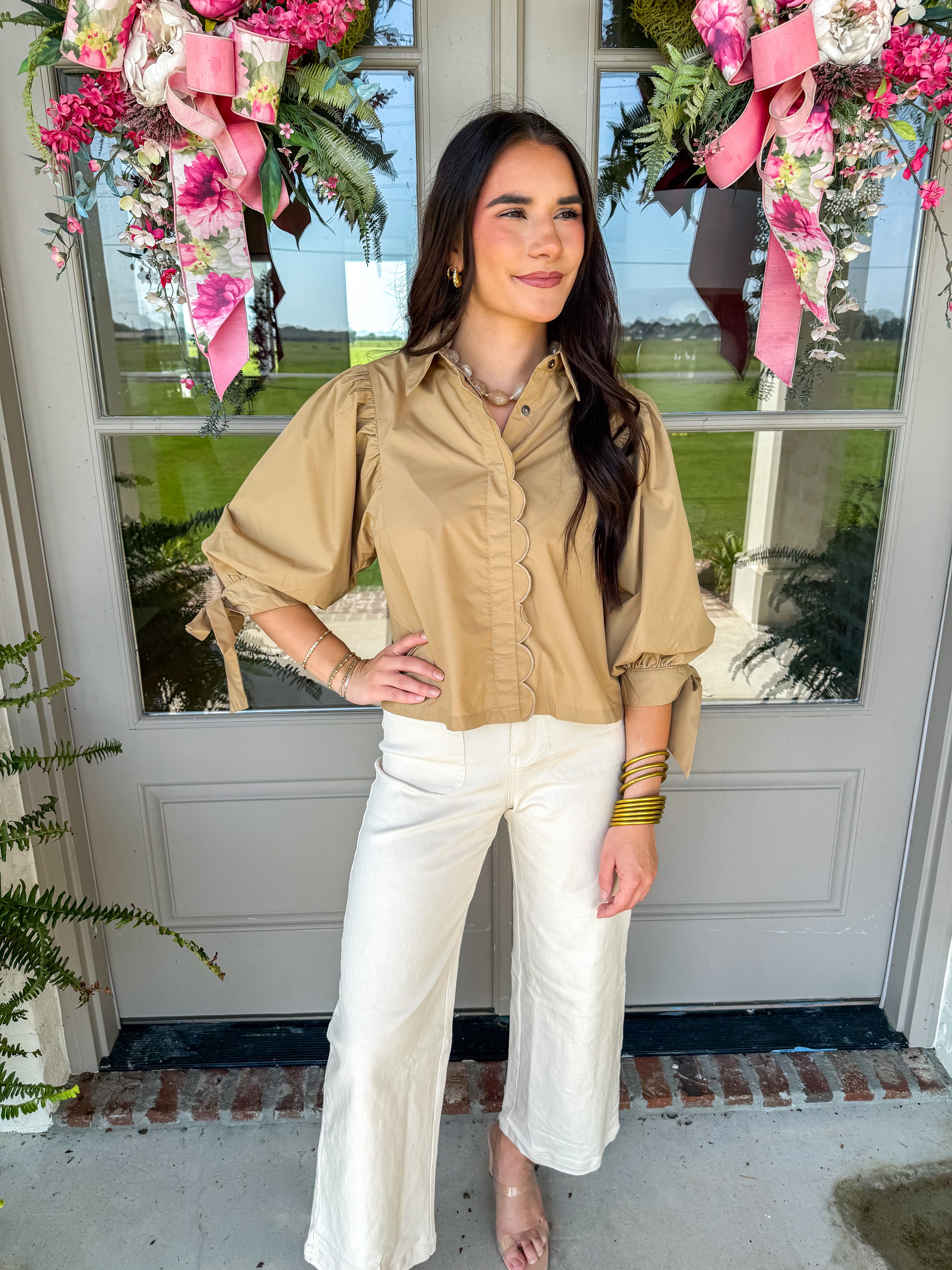 Scalloped Edge Puff Sleeve Top Camel