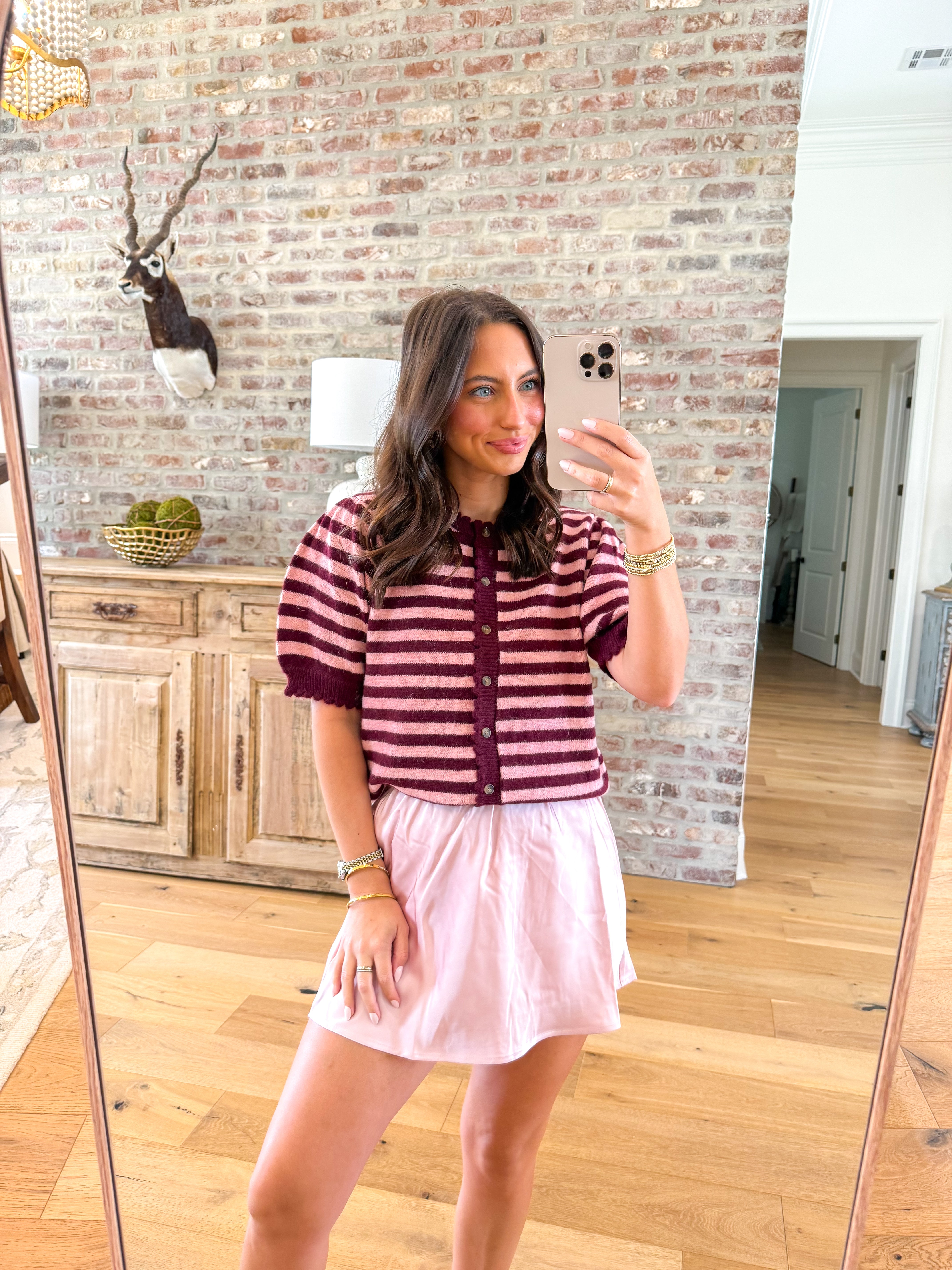 Scalloped Stripe Cardigan Burgundy/Pink
