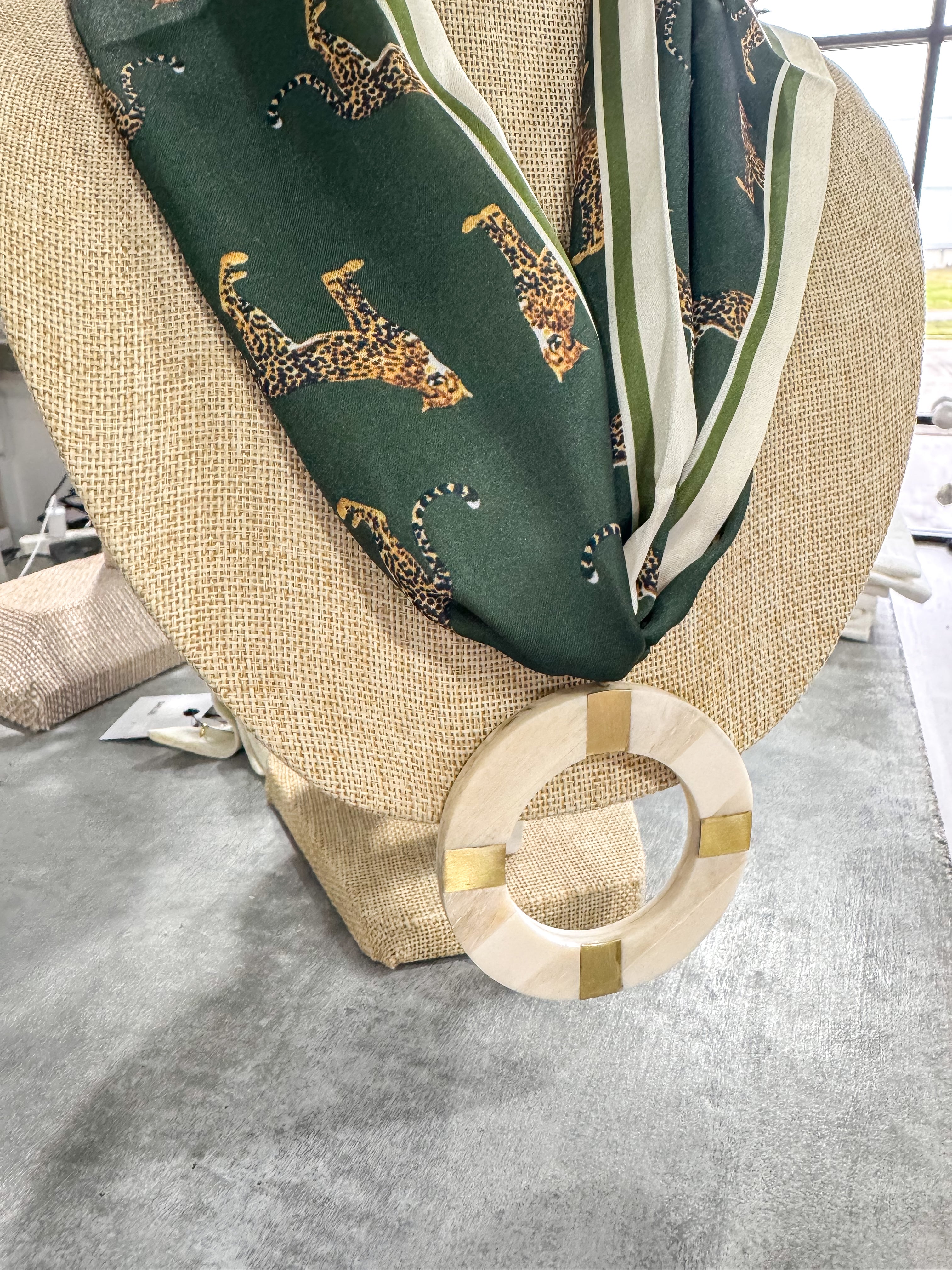 Olive Cheeta Scarf Necklace Ivory Circle Pendant