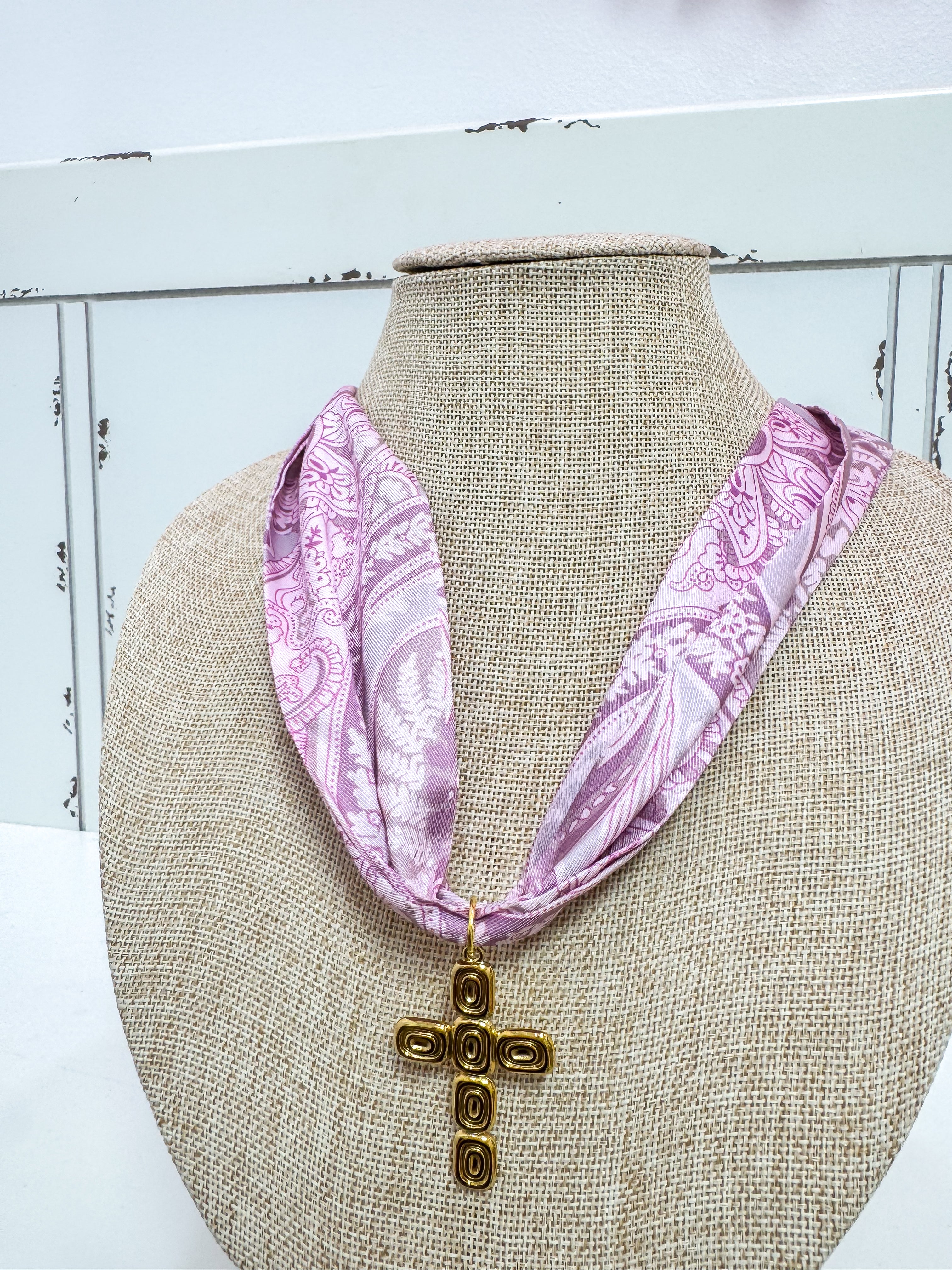 Purple Tapestry Gold Cross Scarf Necklace