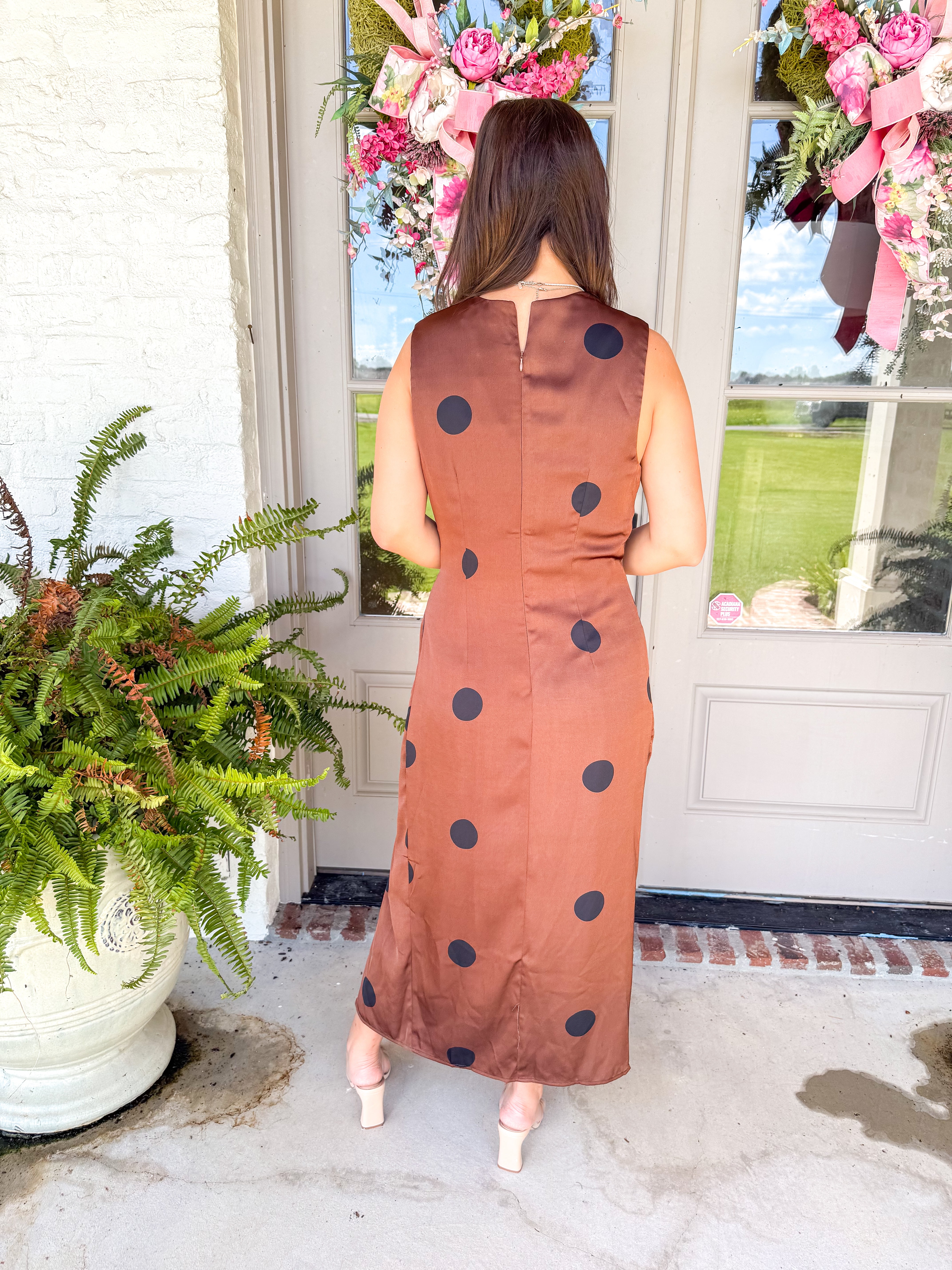Mocha Dot Satin Midi Dress