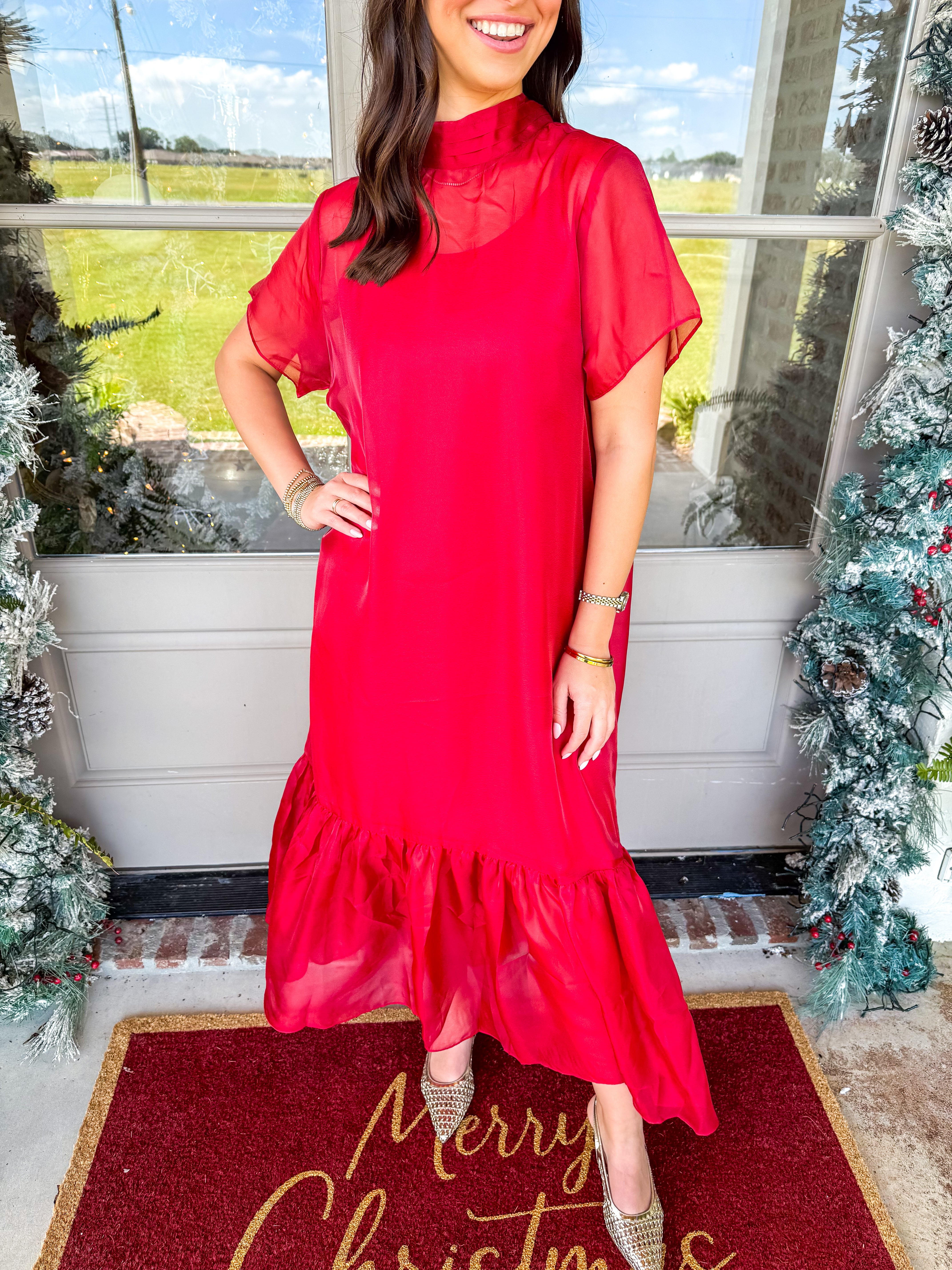 Crimson Whisper Chiffon Midi Dress
