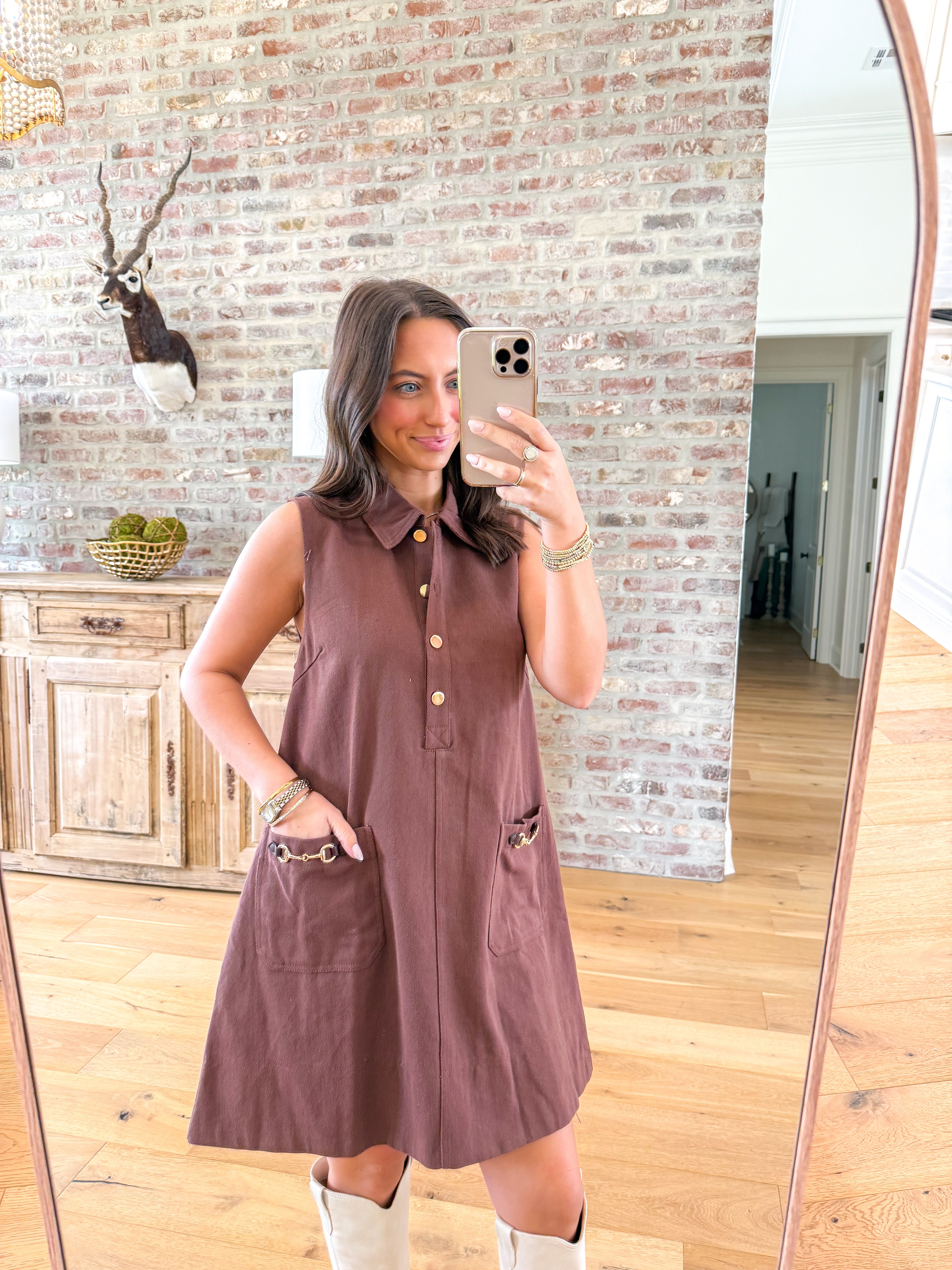 The Sutton Buckle Shift Dress Brown