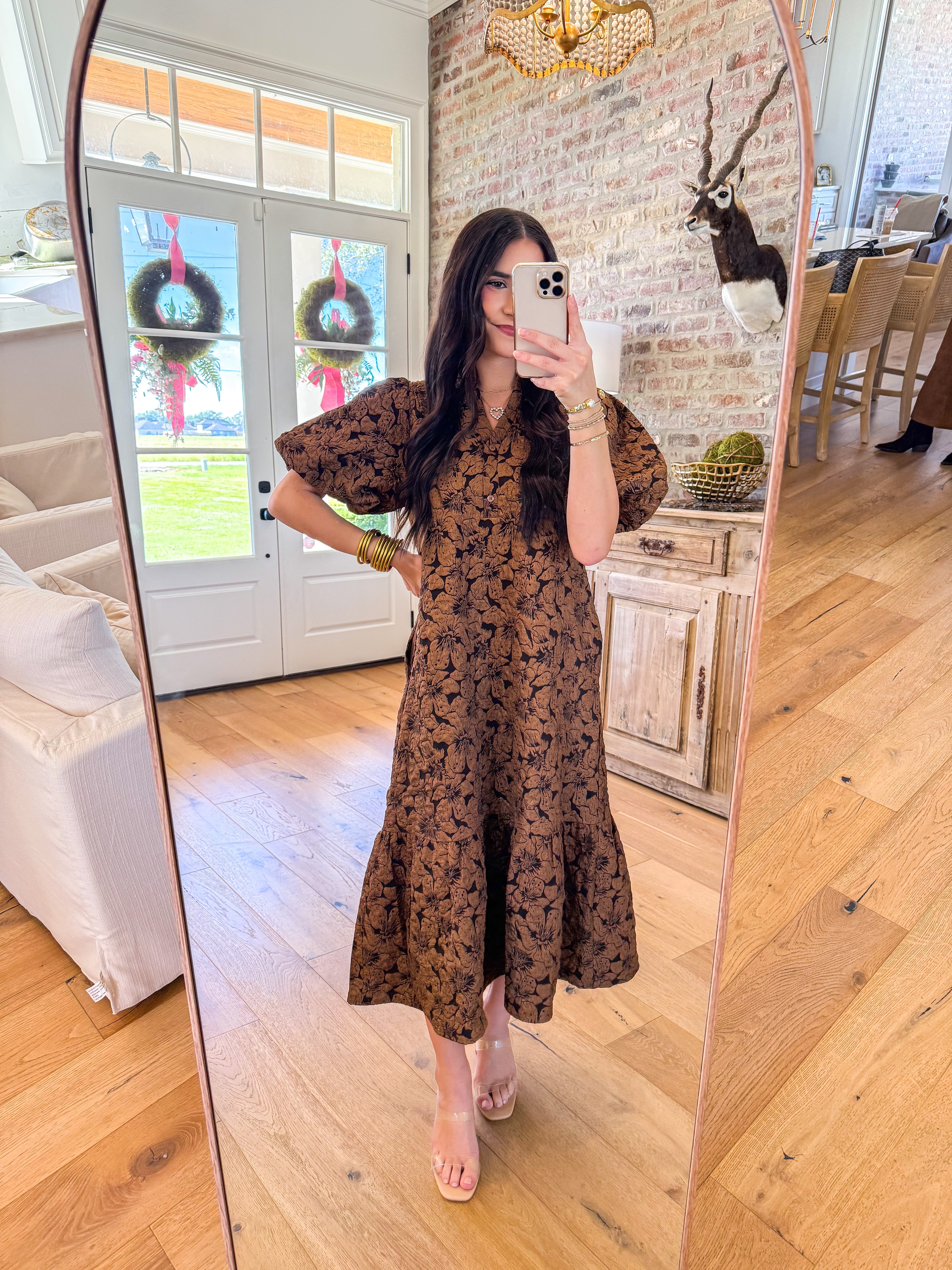 Brown Bloom Jacquard Midi Dress