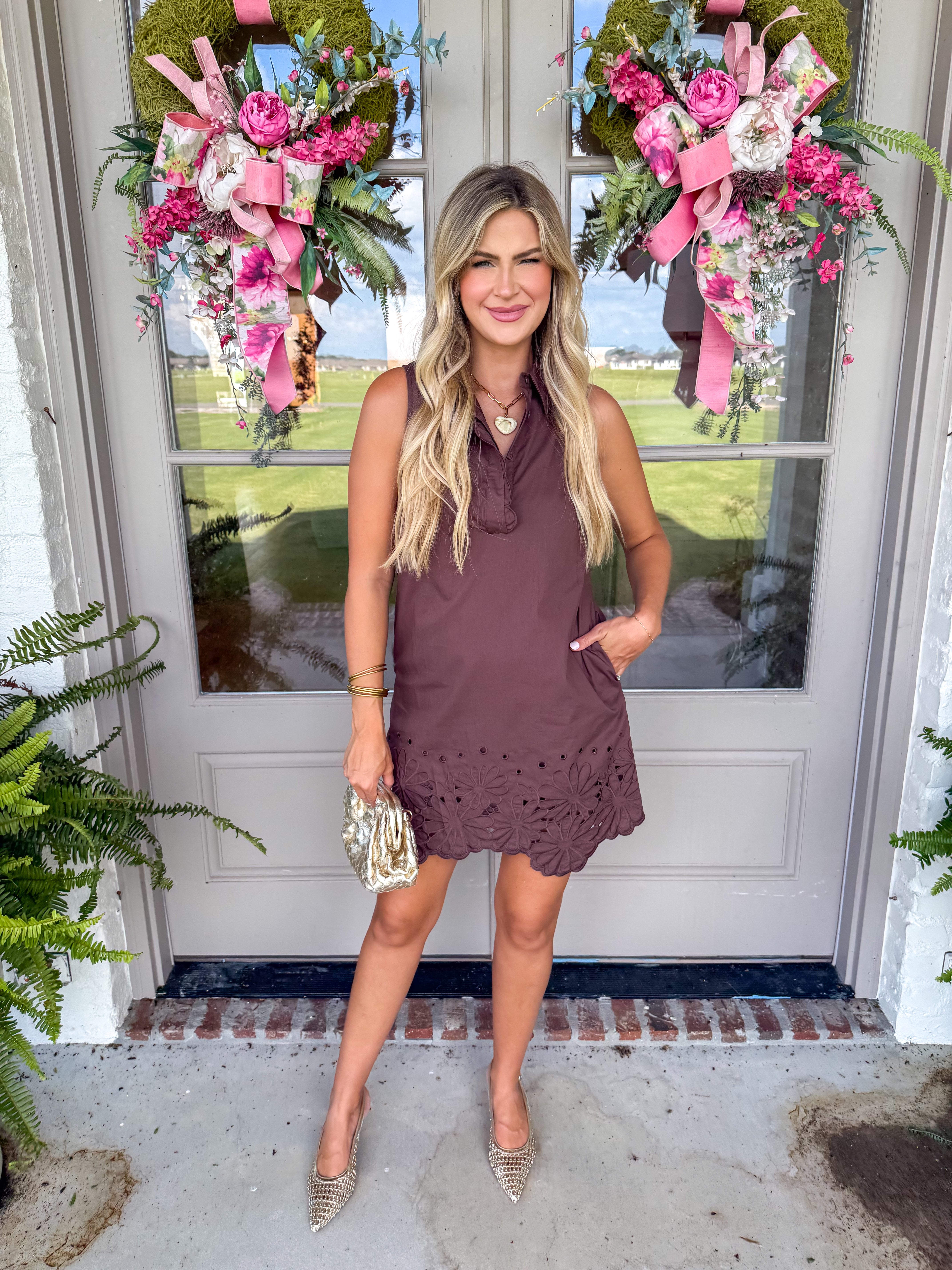 Scalloped Eyelet Shift Dress Brown