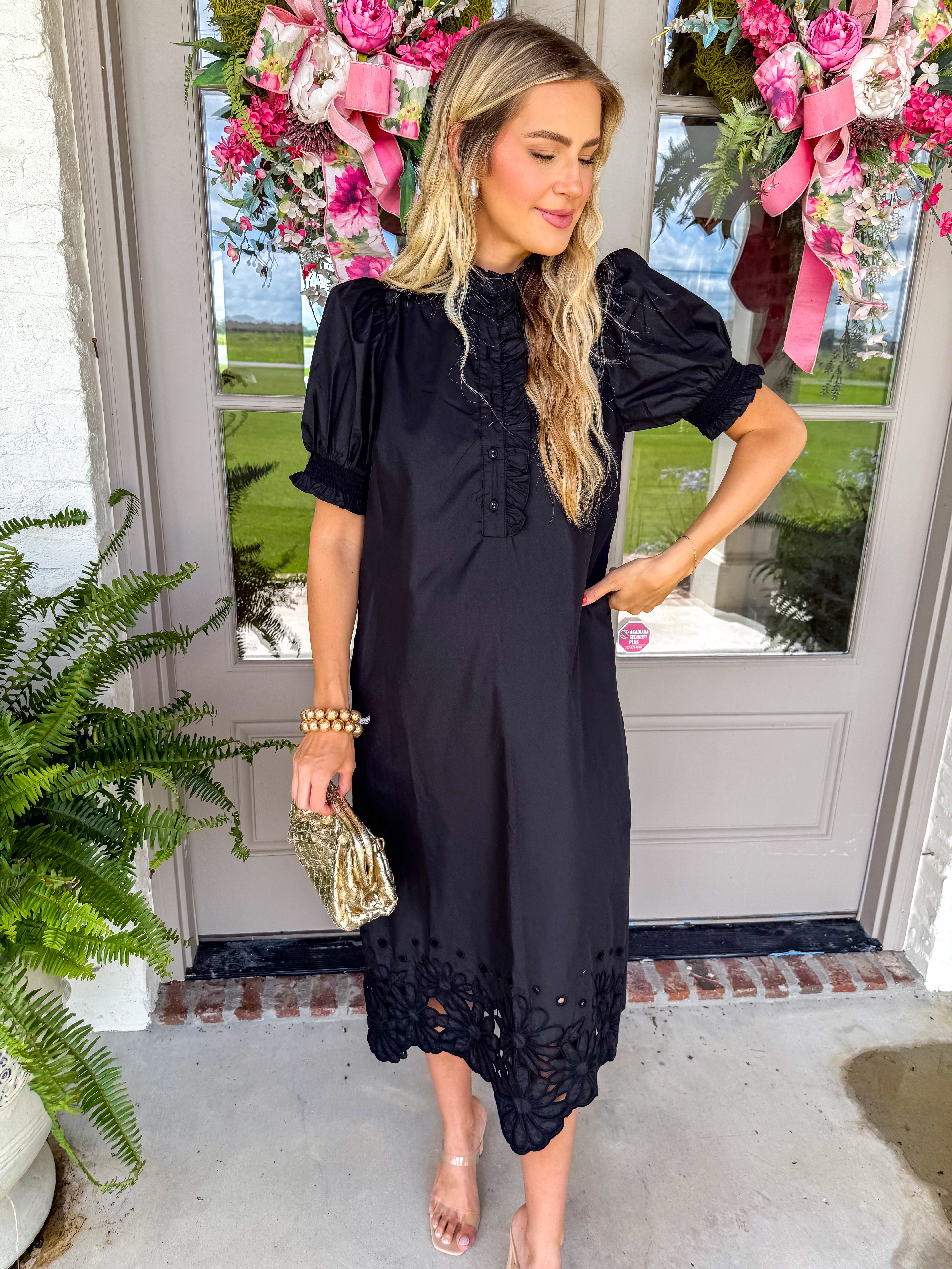 Black Ruffle Embroidered Midi