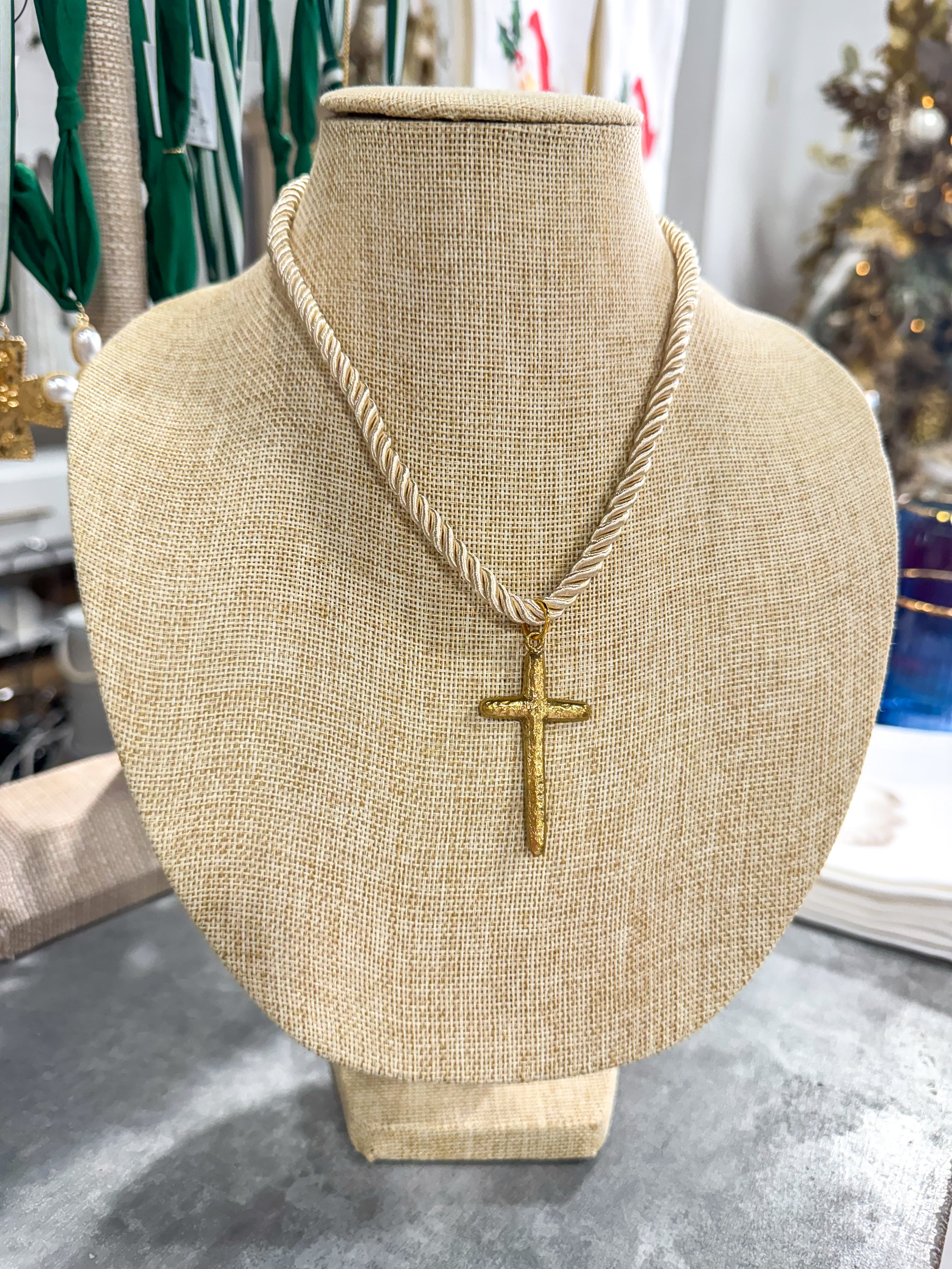 Ivory Rope Gold Cross Pendant Necklace