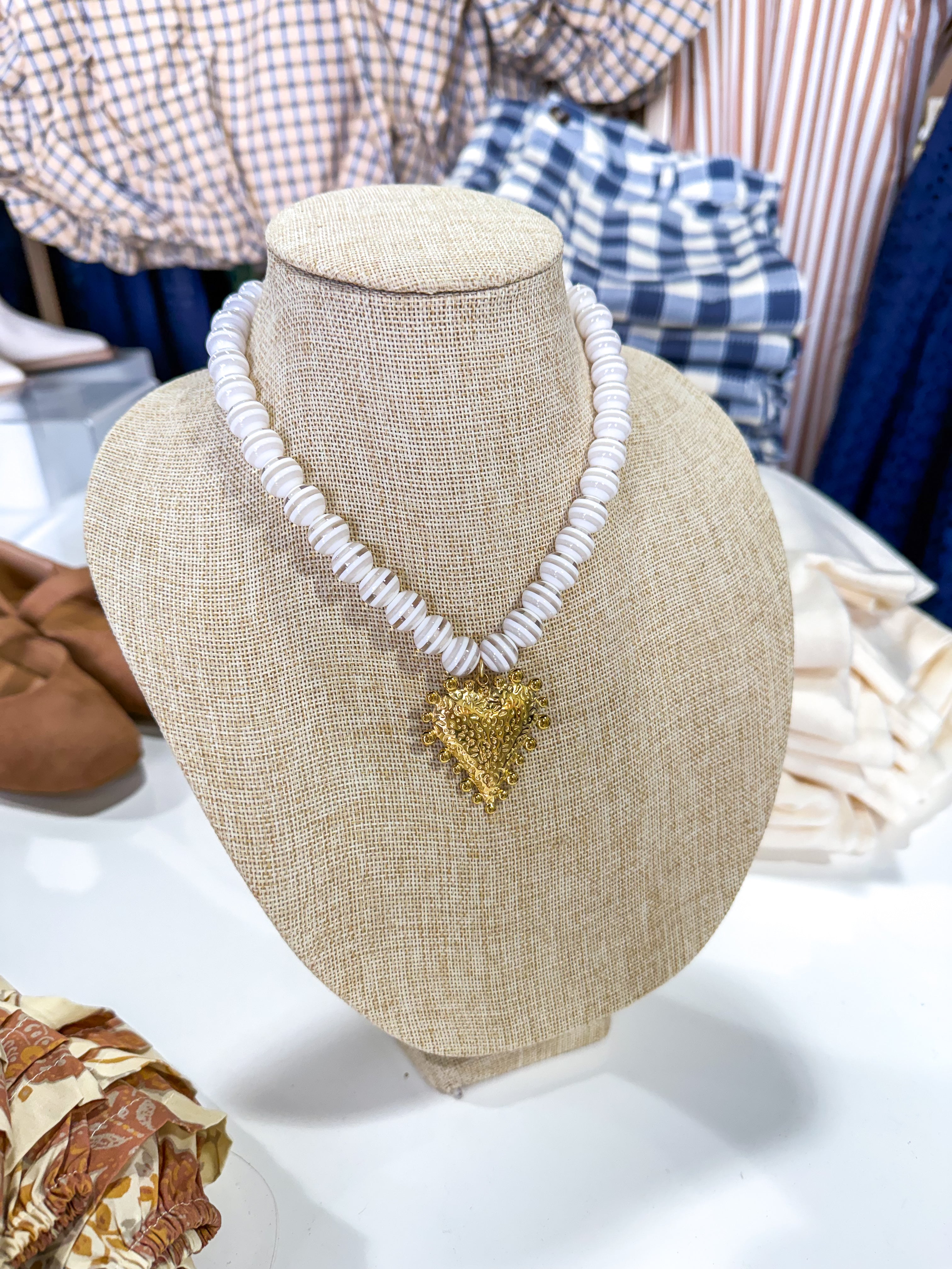 White/Clear Stripe Heart 2 Beaded Necklace