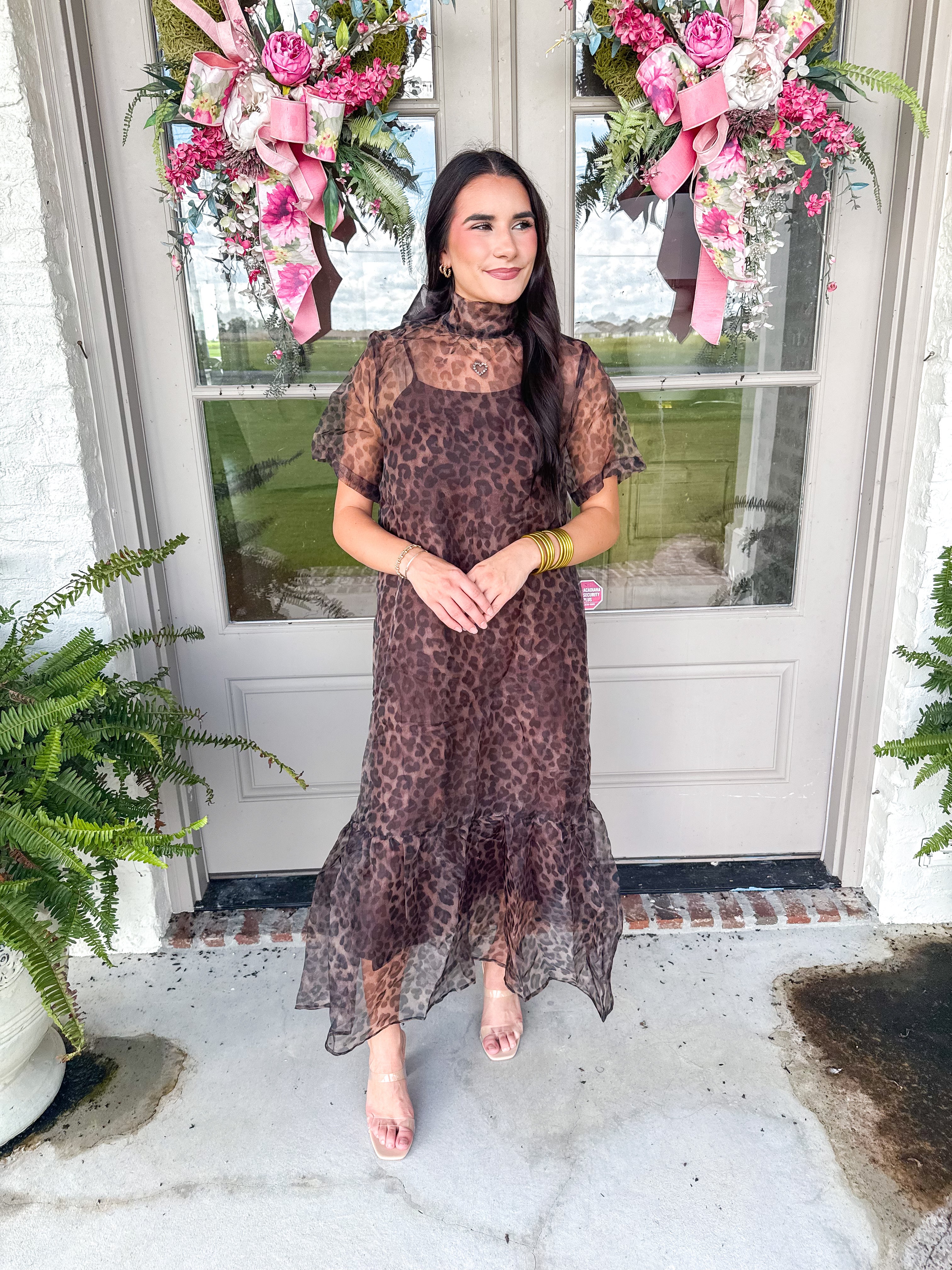 Leopard Organza Scarf-Tie Midi Dress