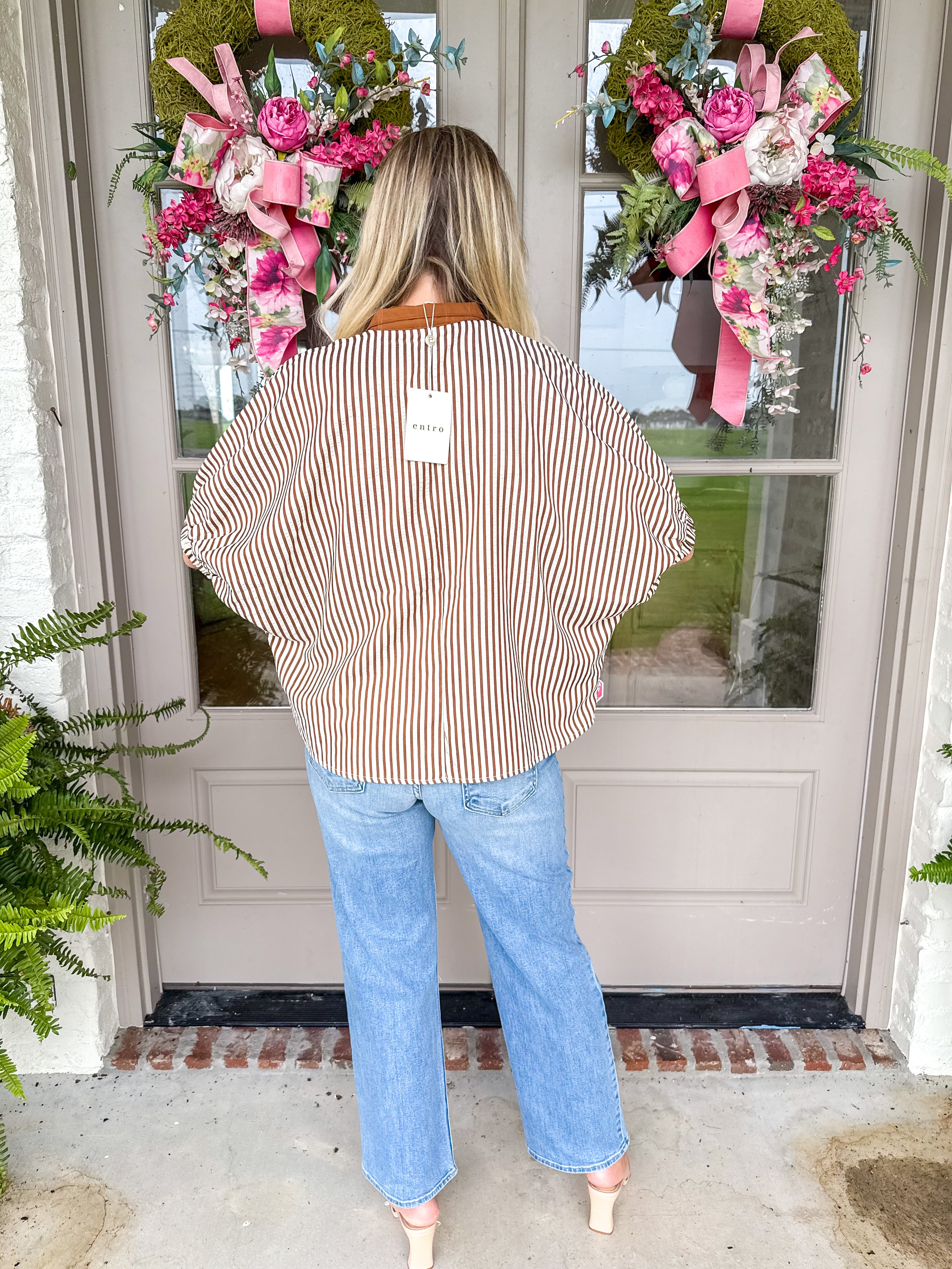 Brown Stripe Popover Top