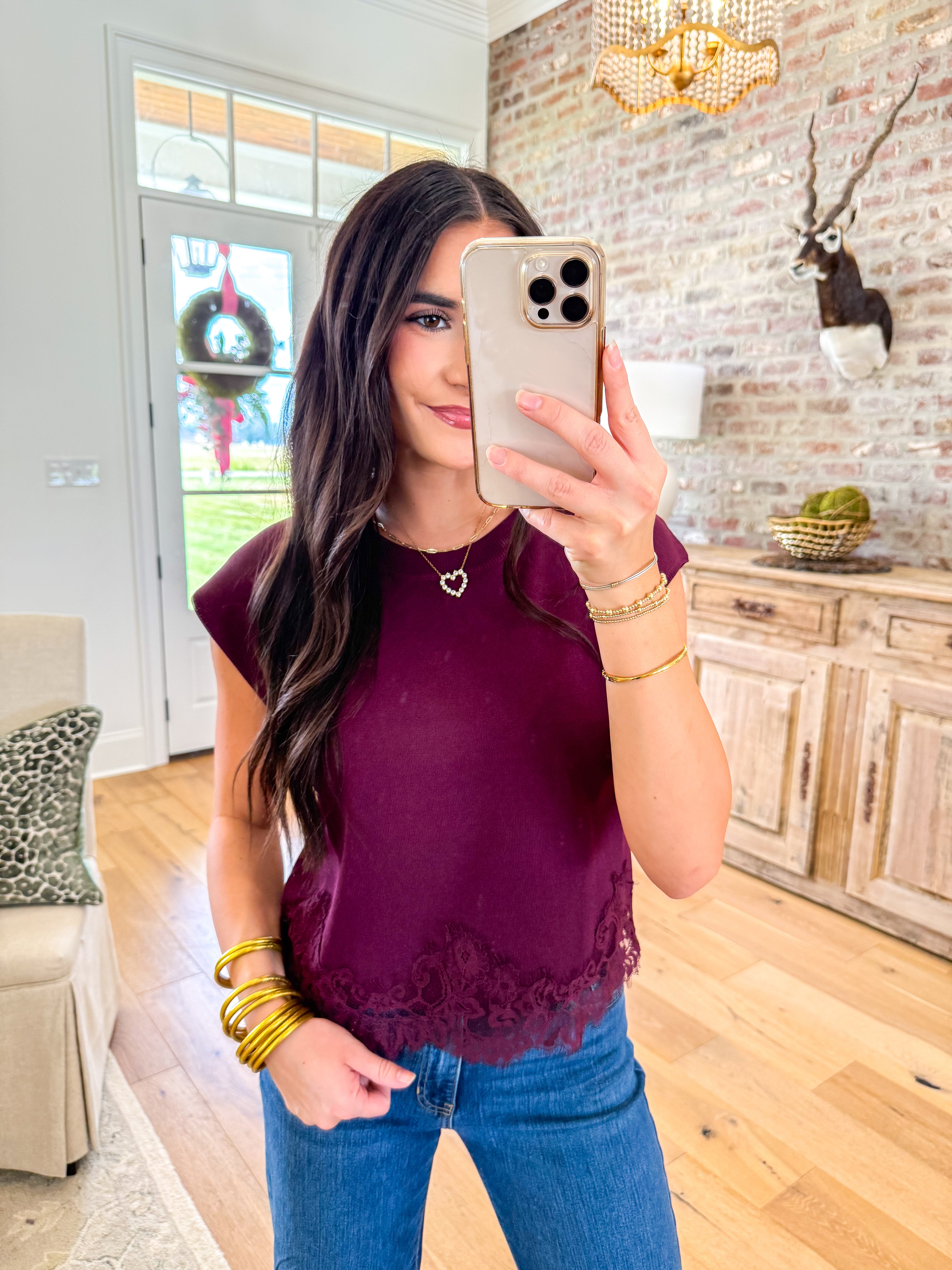 Everly Lace-Trim Sweater Knit Top Burgundy