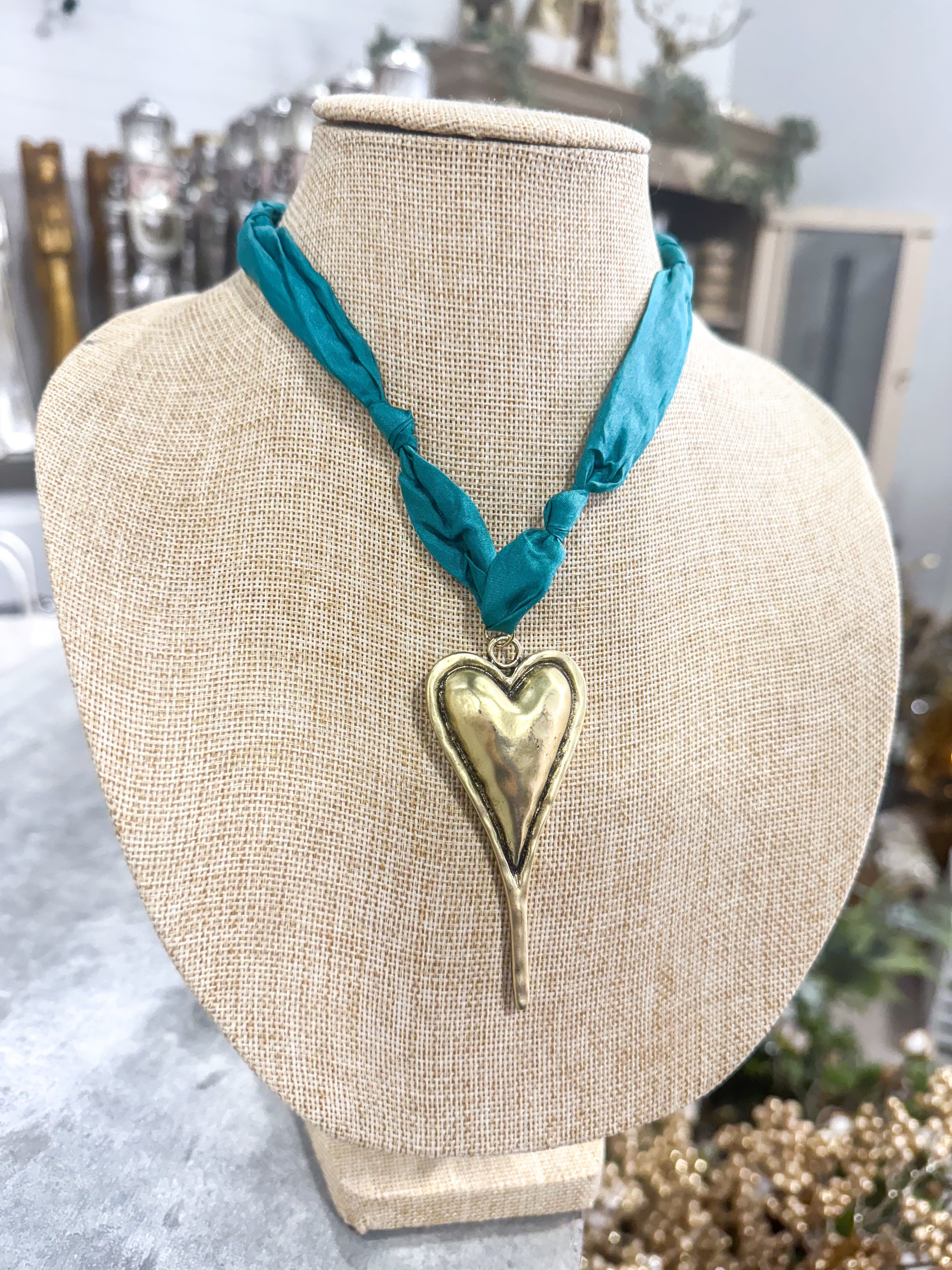Turquoise Drop Heart Scarf Necklace