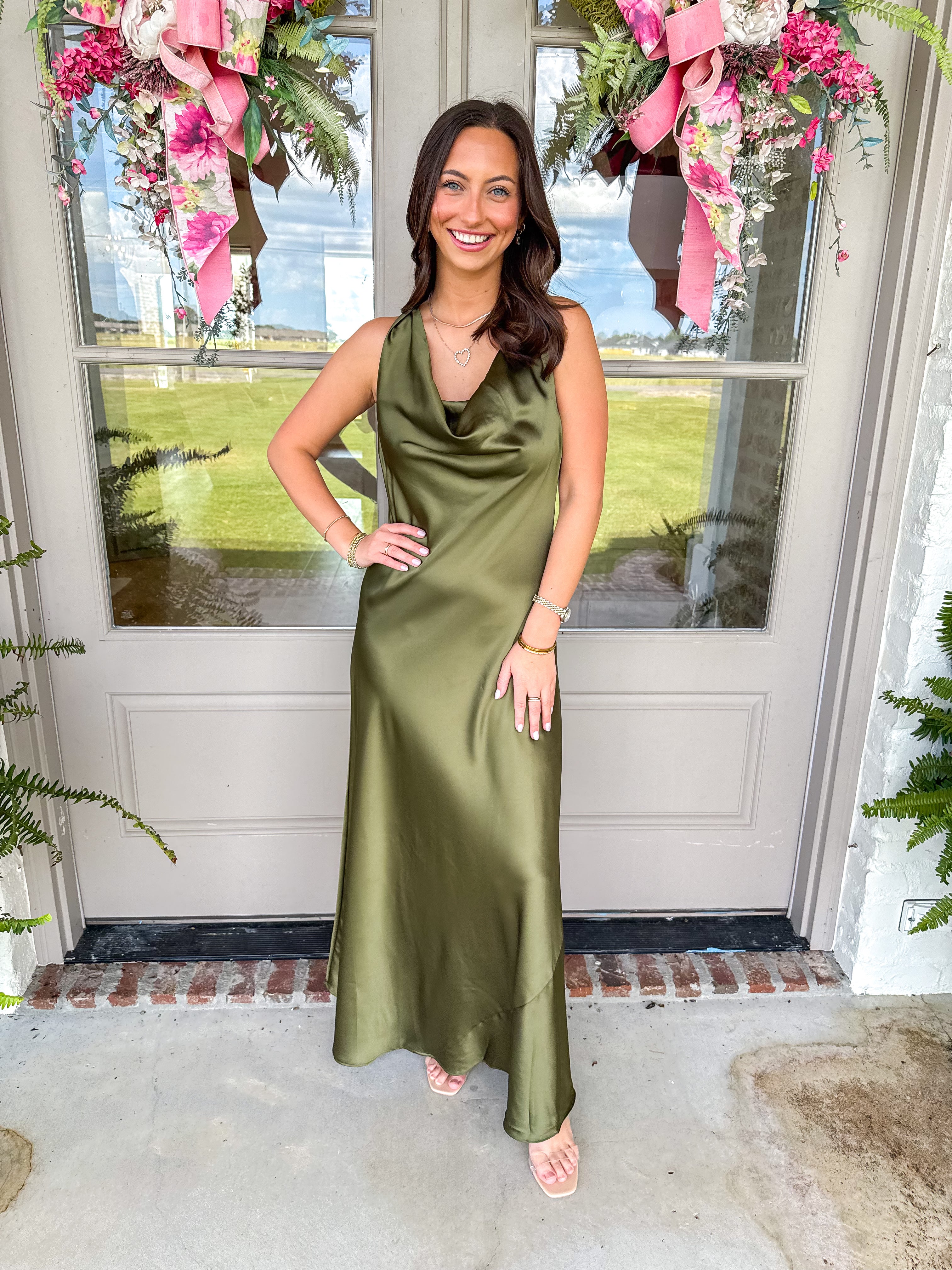 Olive Hour Satin Cowl Maxi Dress