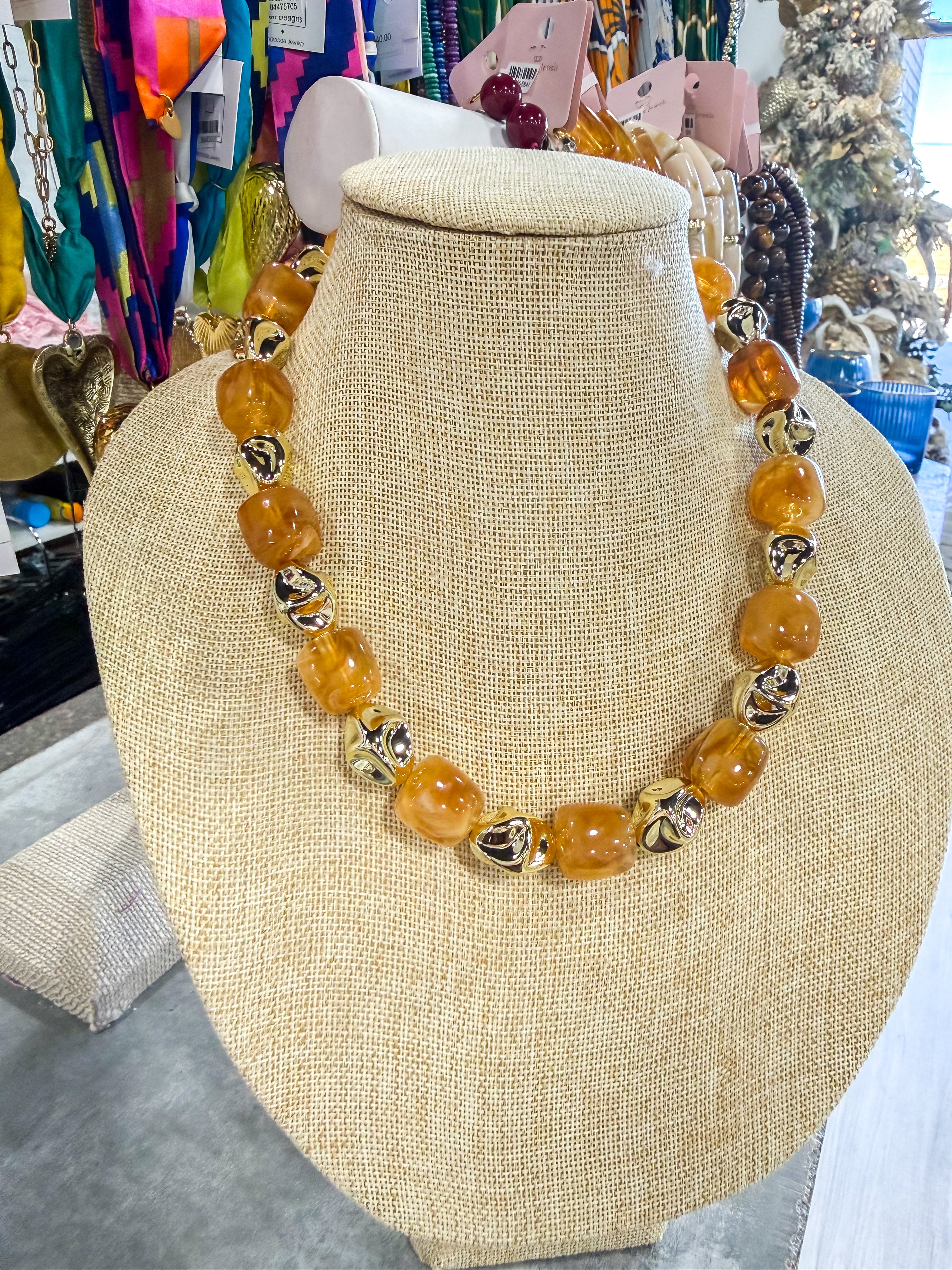 Amber & Gold Stone Necklace