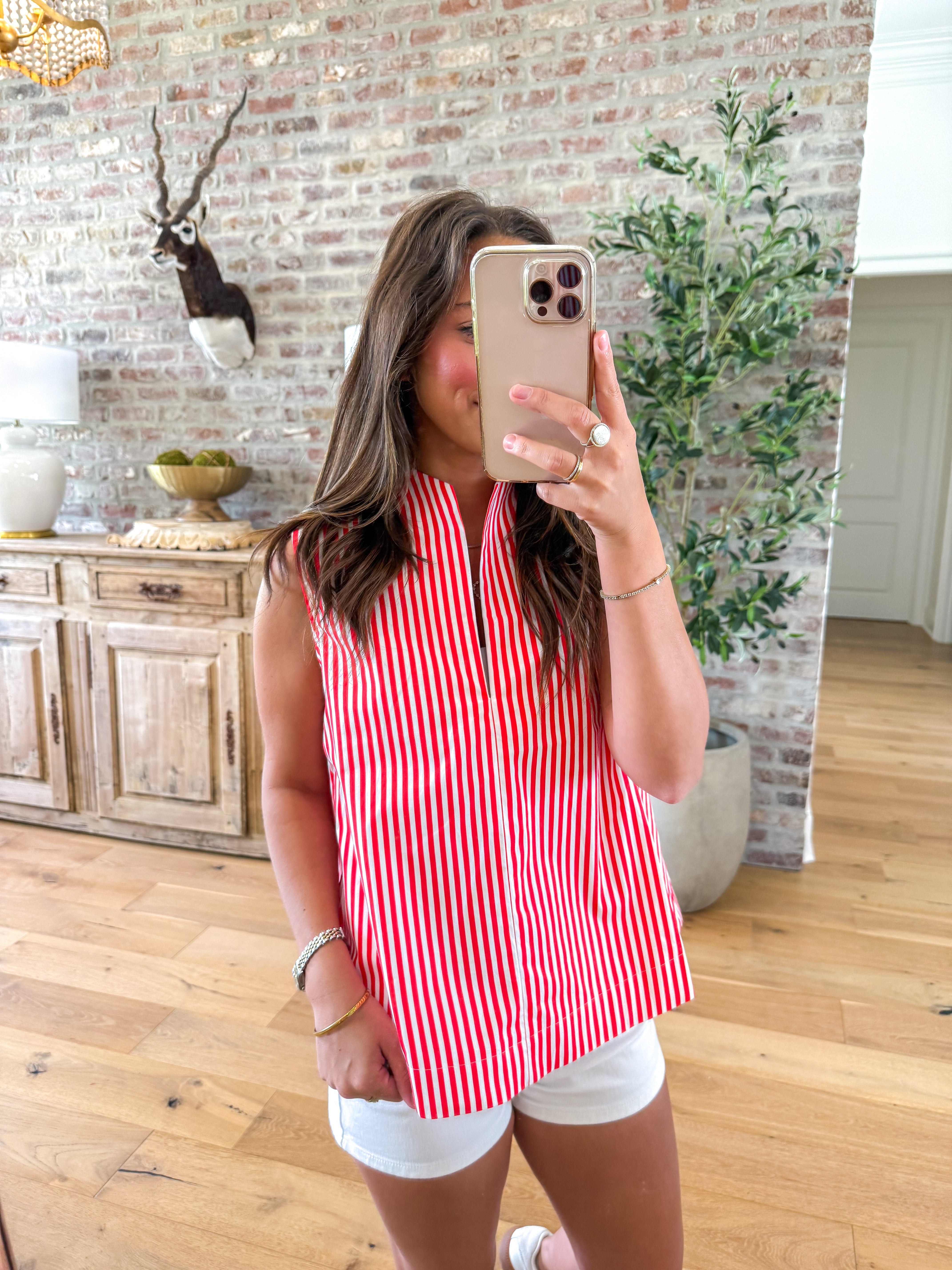 Harbor Stripe Popover Tank Red