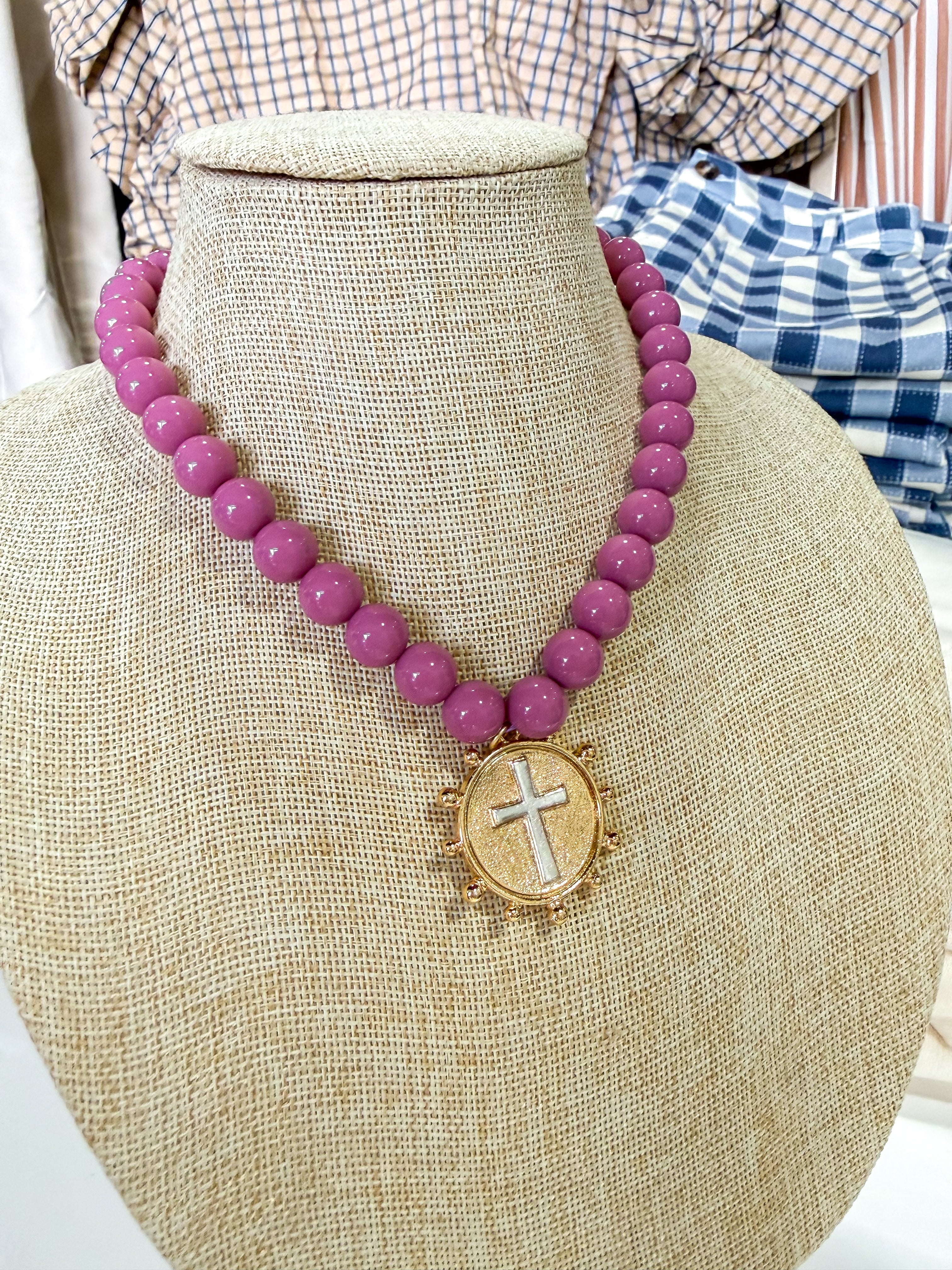 Mauve Cross Beaded Necklace