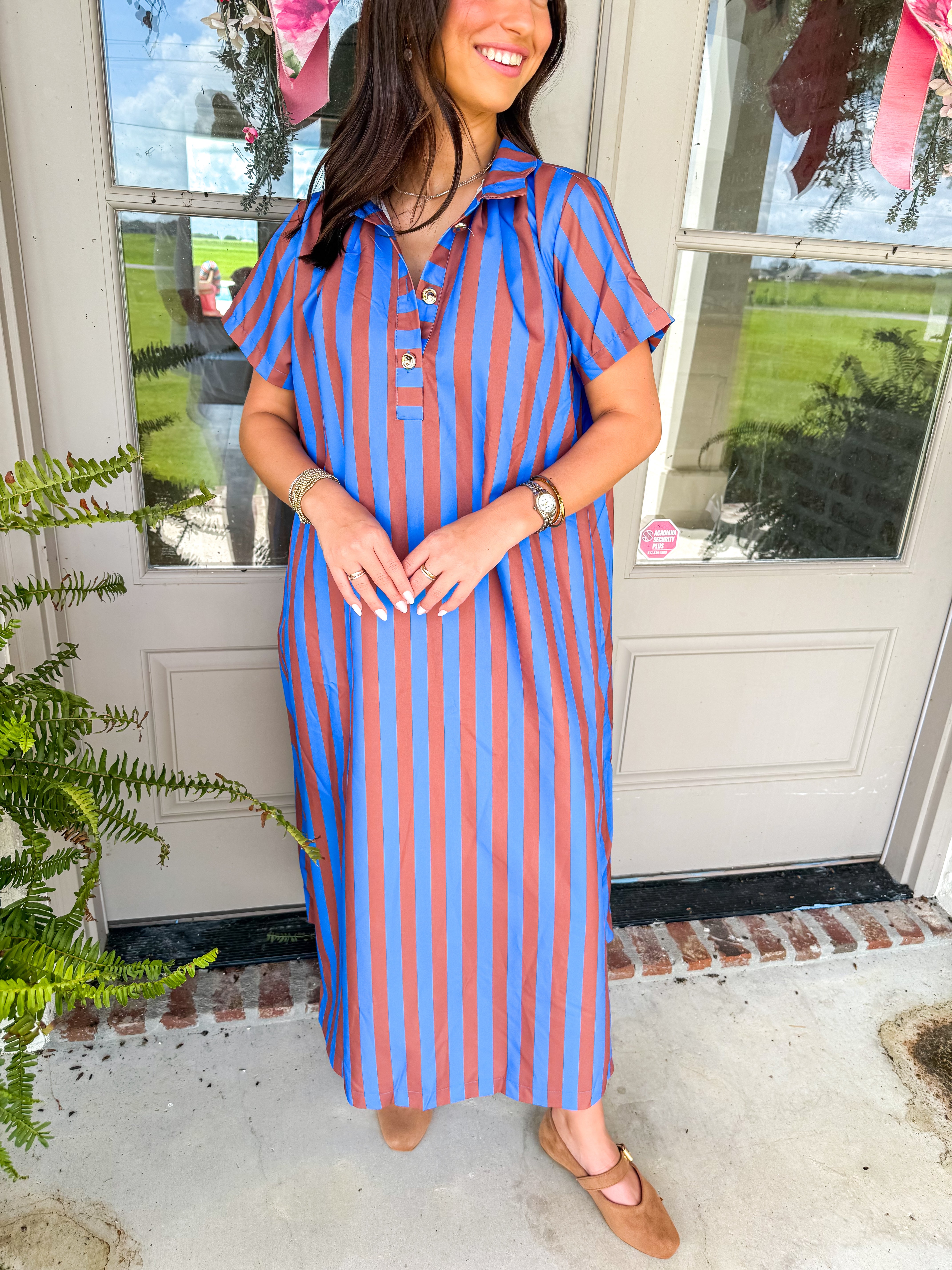Royal Stripe High-Neck Midi Dress