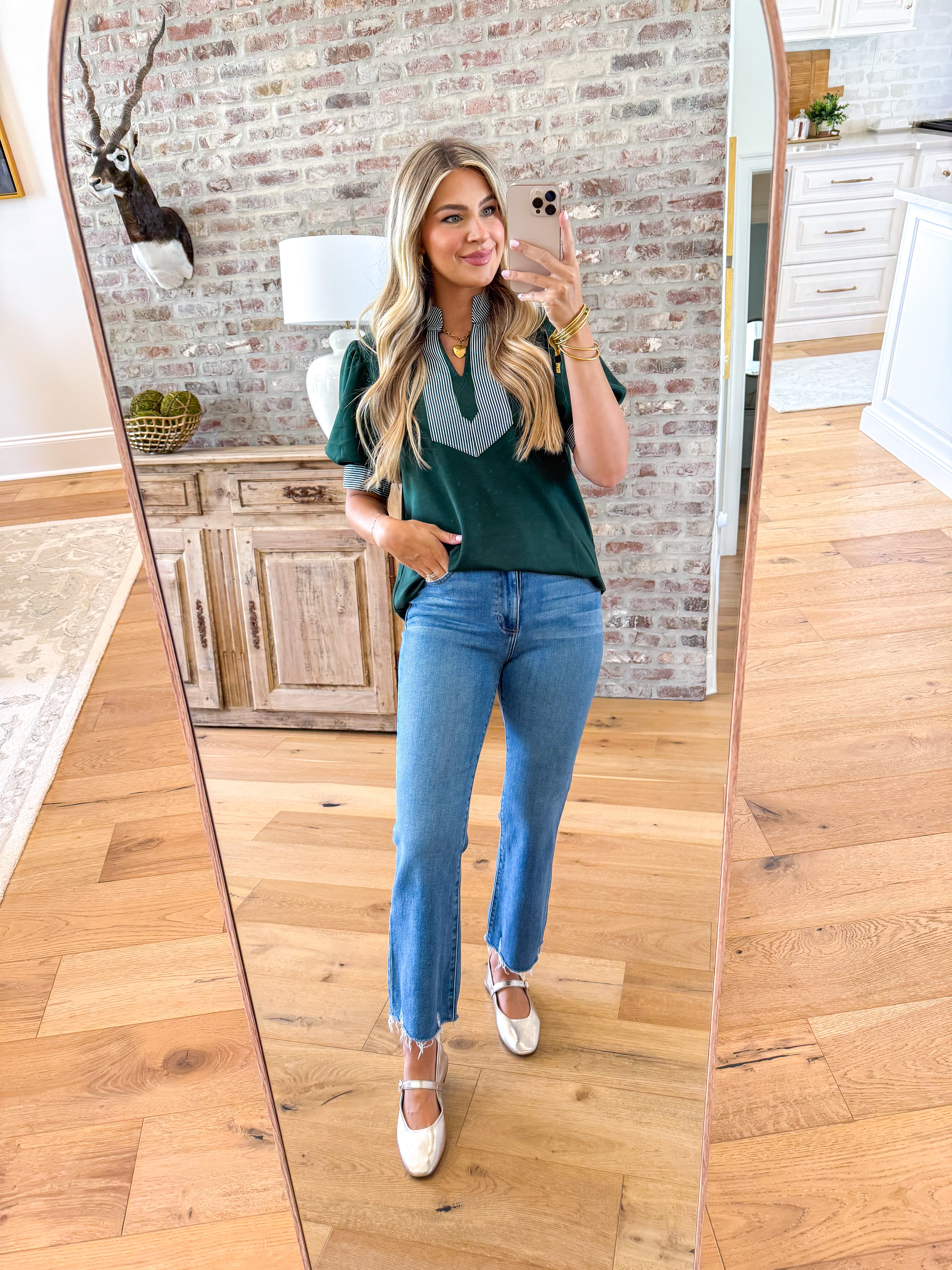 Café au Lait Stripe Accent Top Green