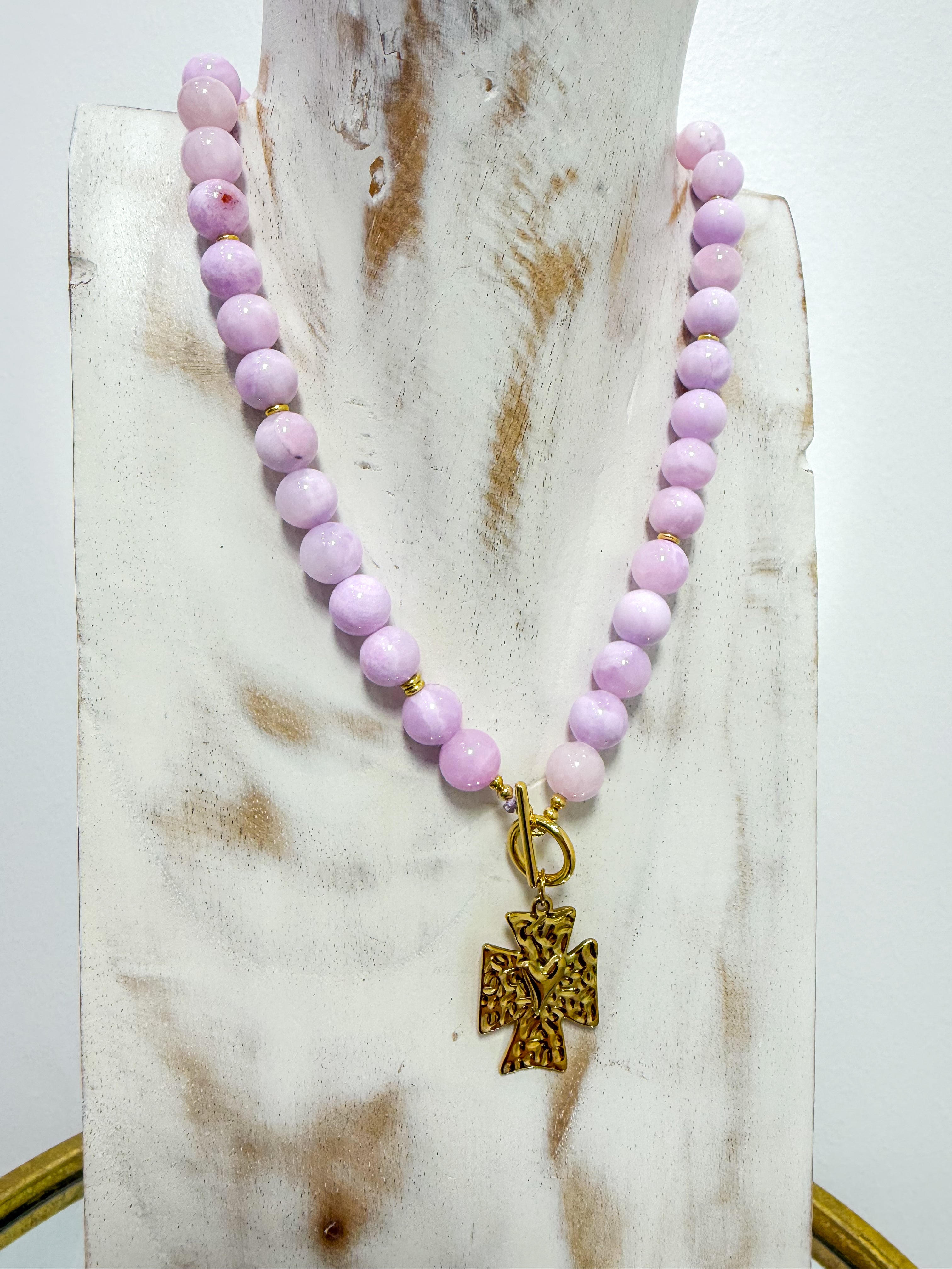Small Lavender Bead Heart Cross Necklace