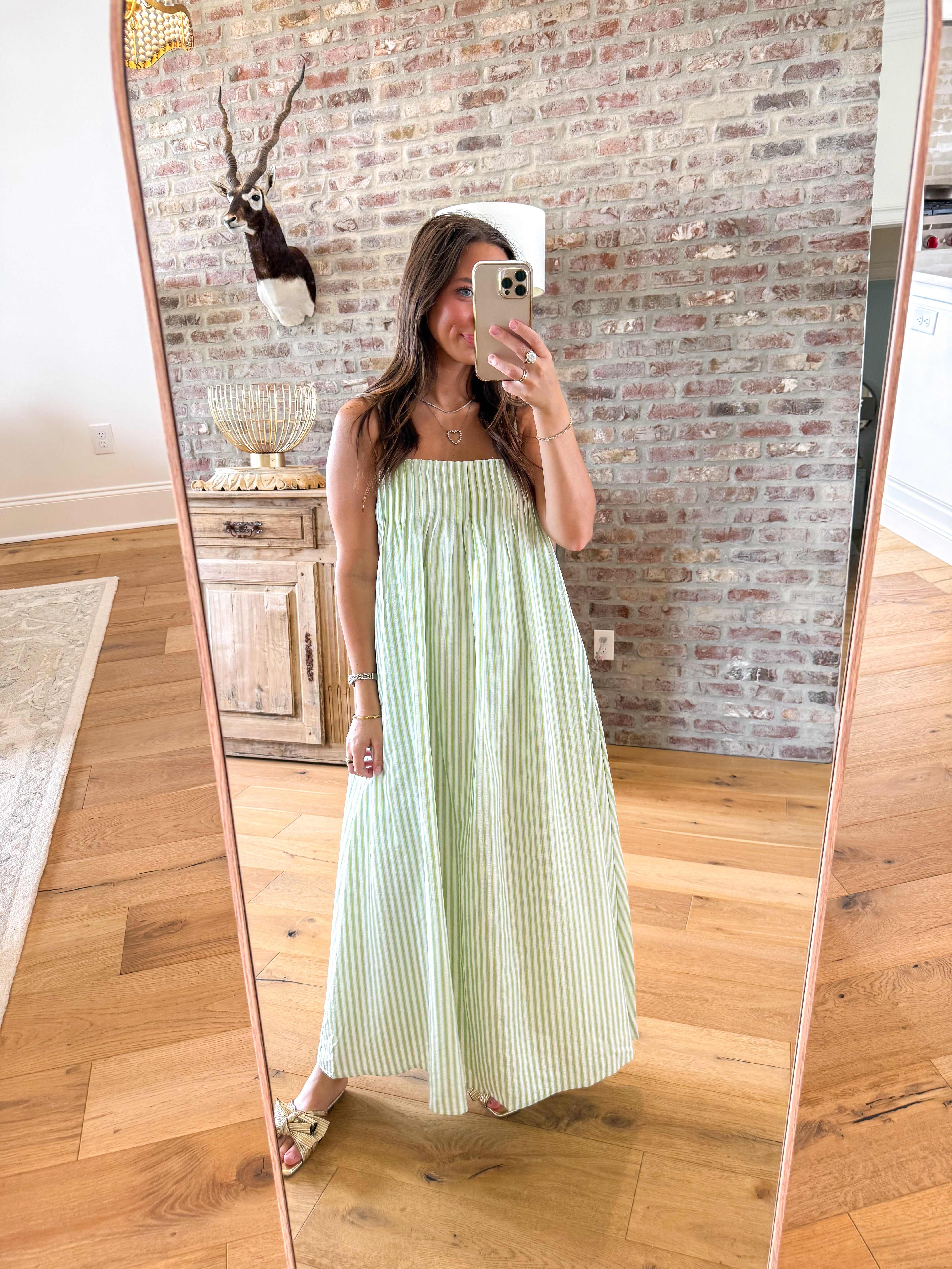 Sage & White Stripe Pleated Maxi Dress