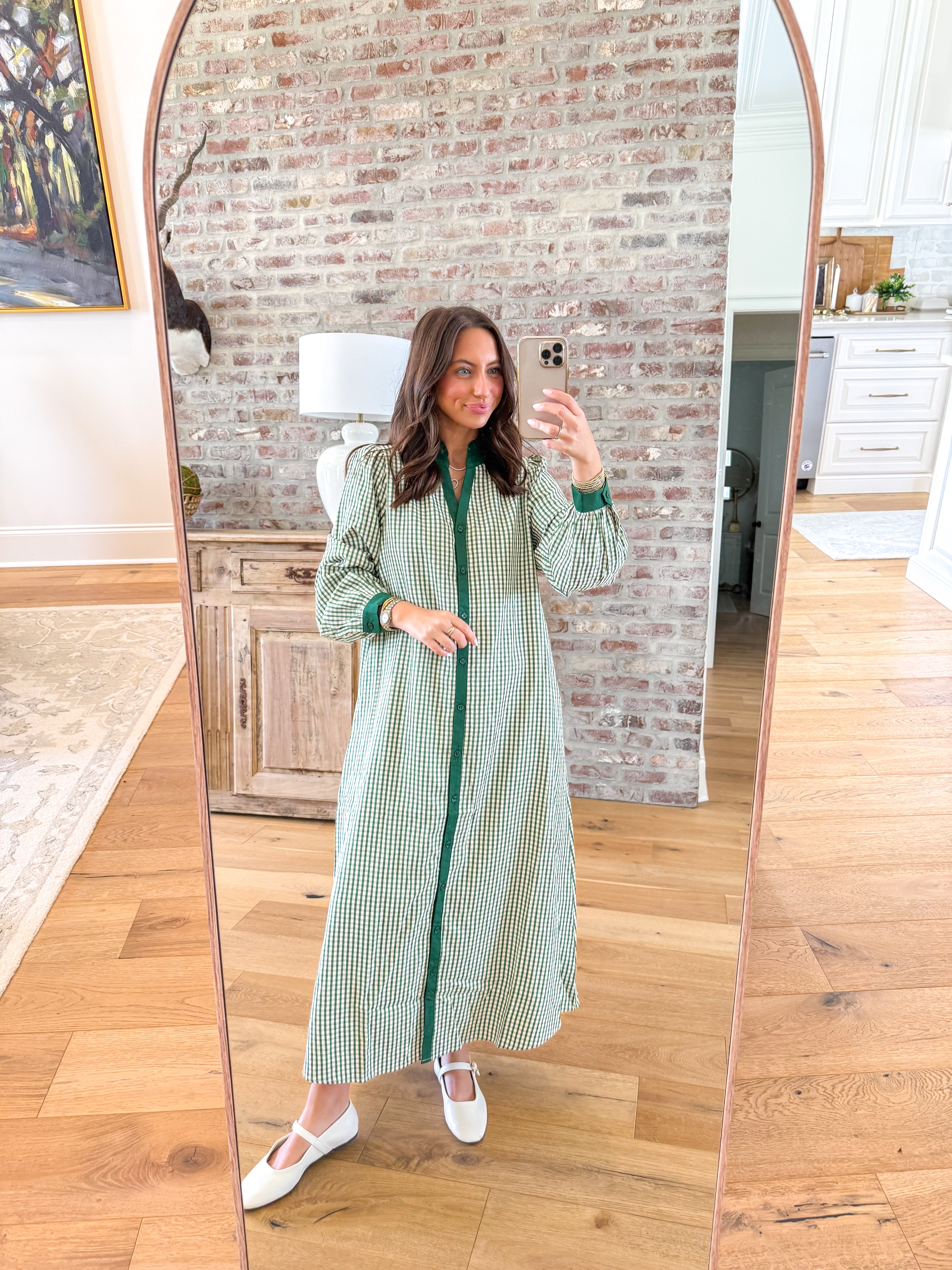 Green Gingham Ruffle Midi Dress