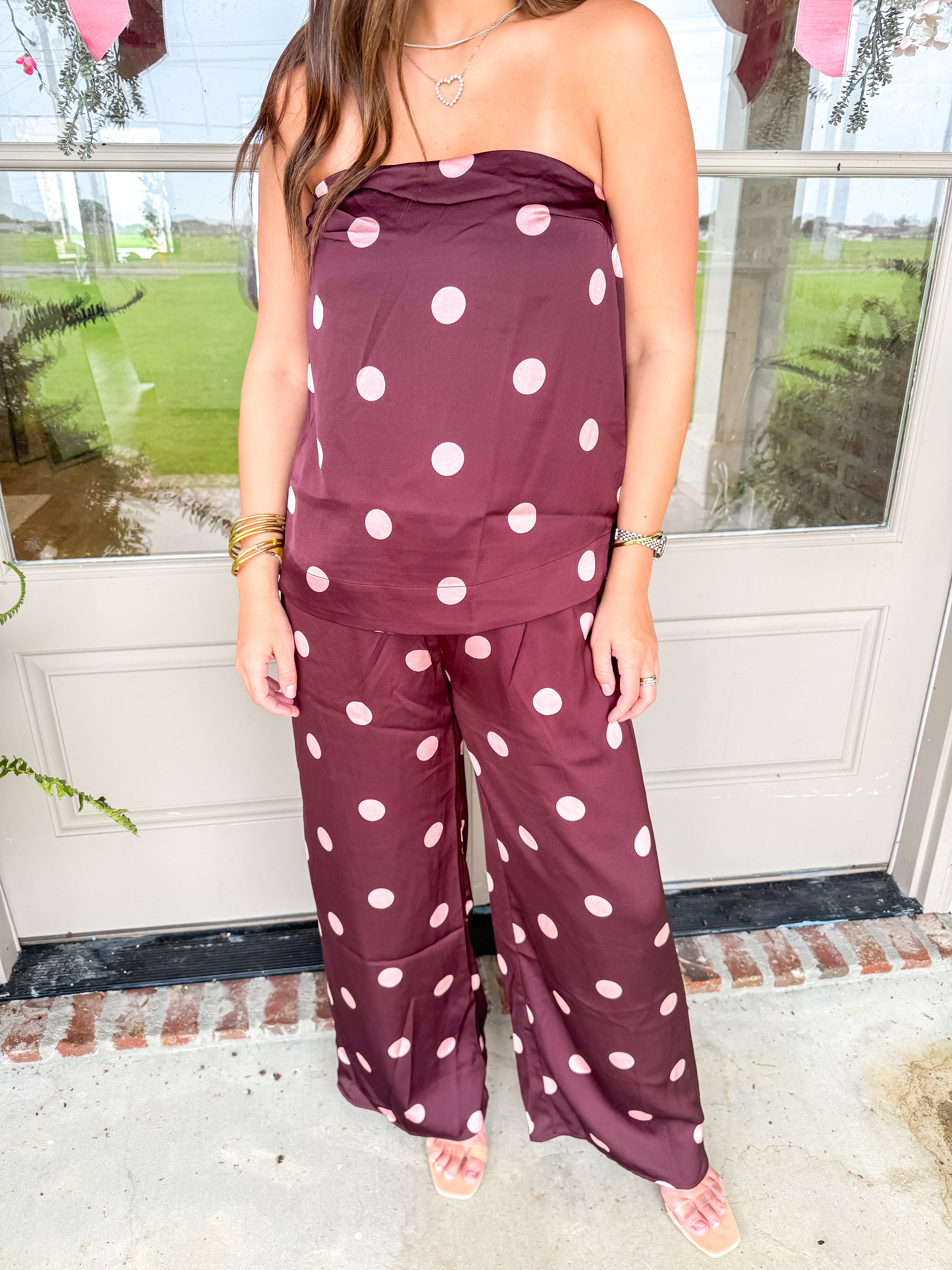 Burgundy Polka Dot Satin Set