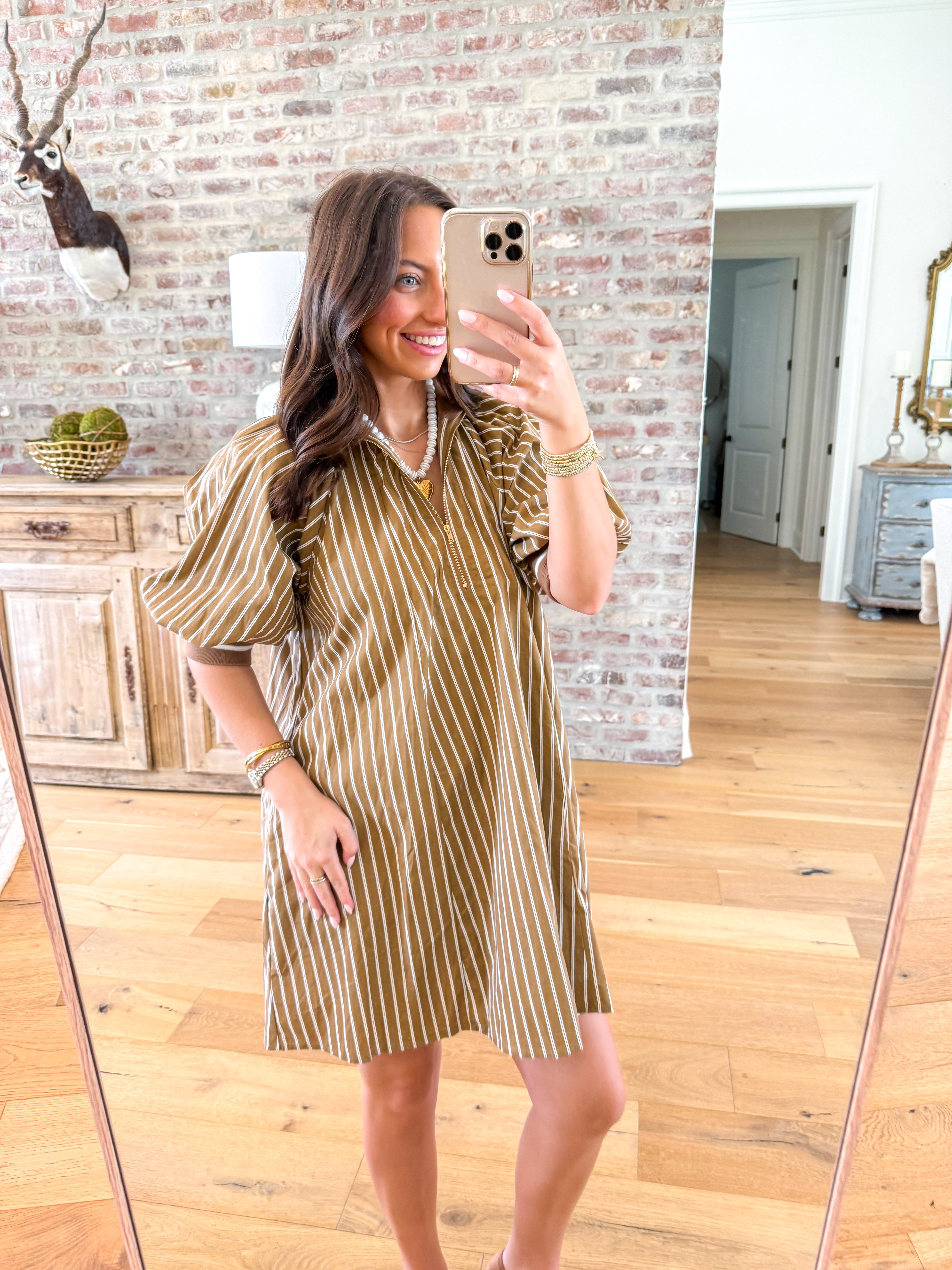 Taupe Stripe Half-Zip Mini Dress