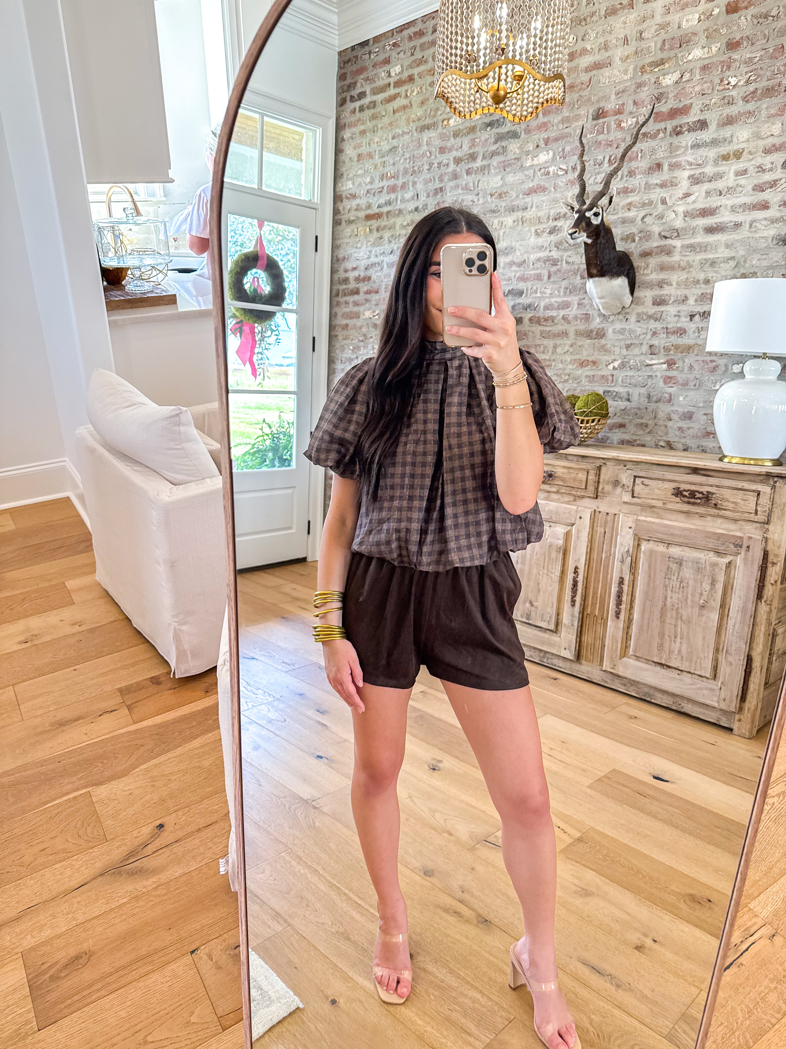 Brown Gingham Tie-Neck Blouse