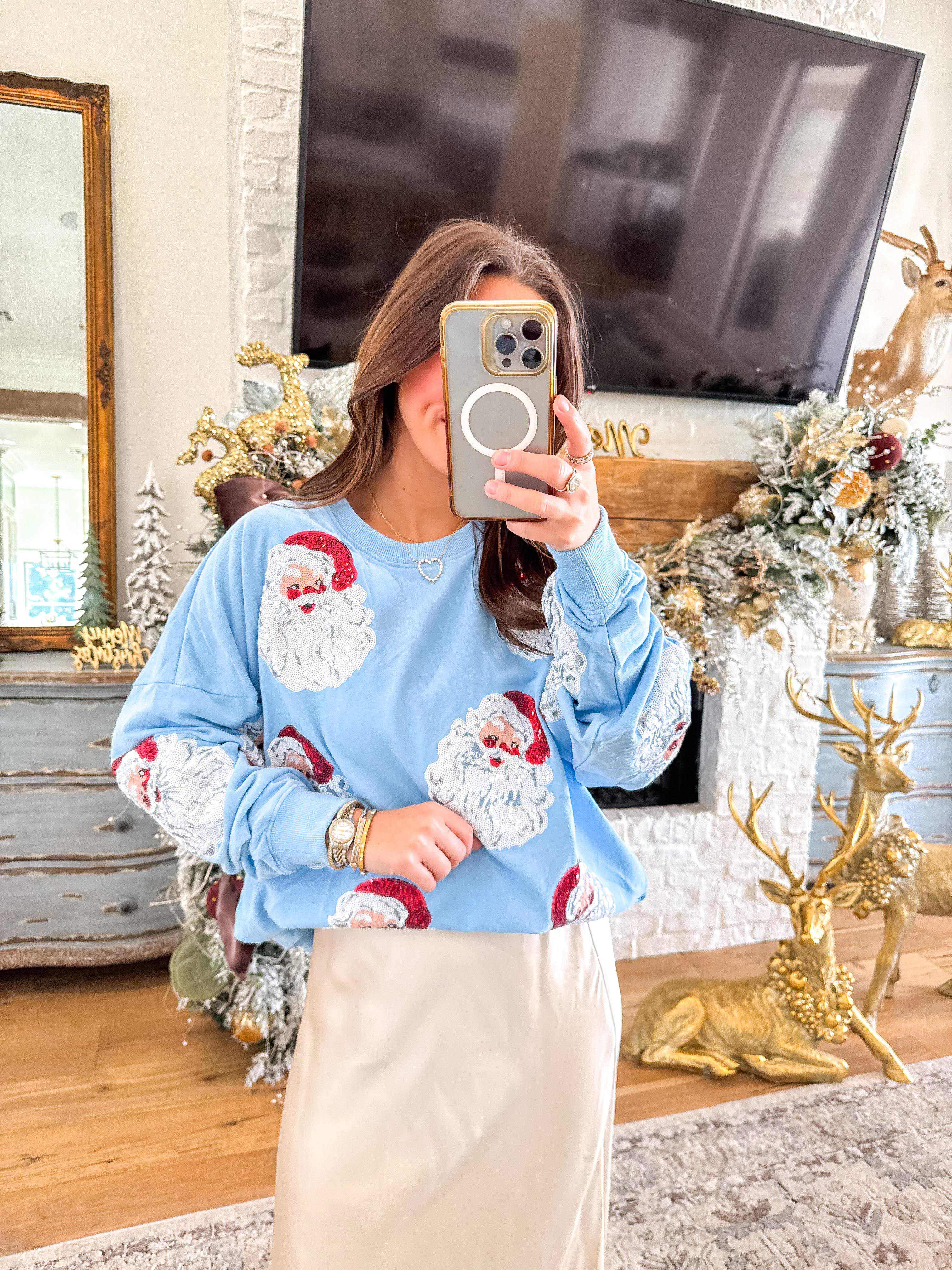 Blue Overszied Sequin Santa Sweatshirt