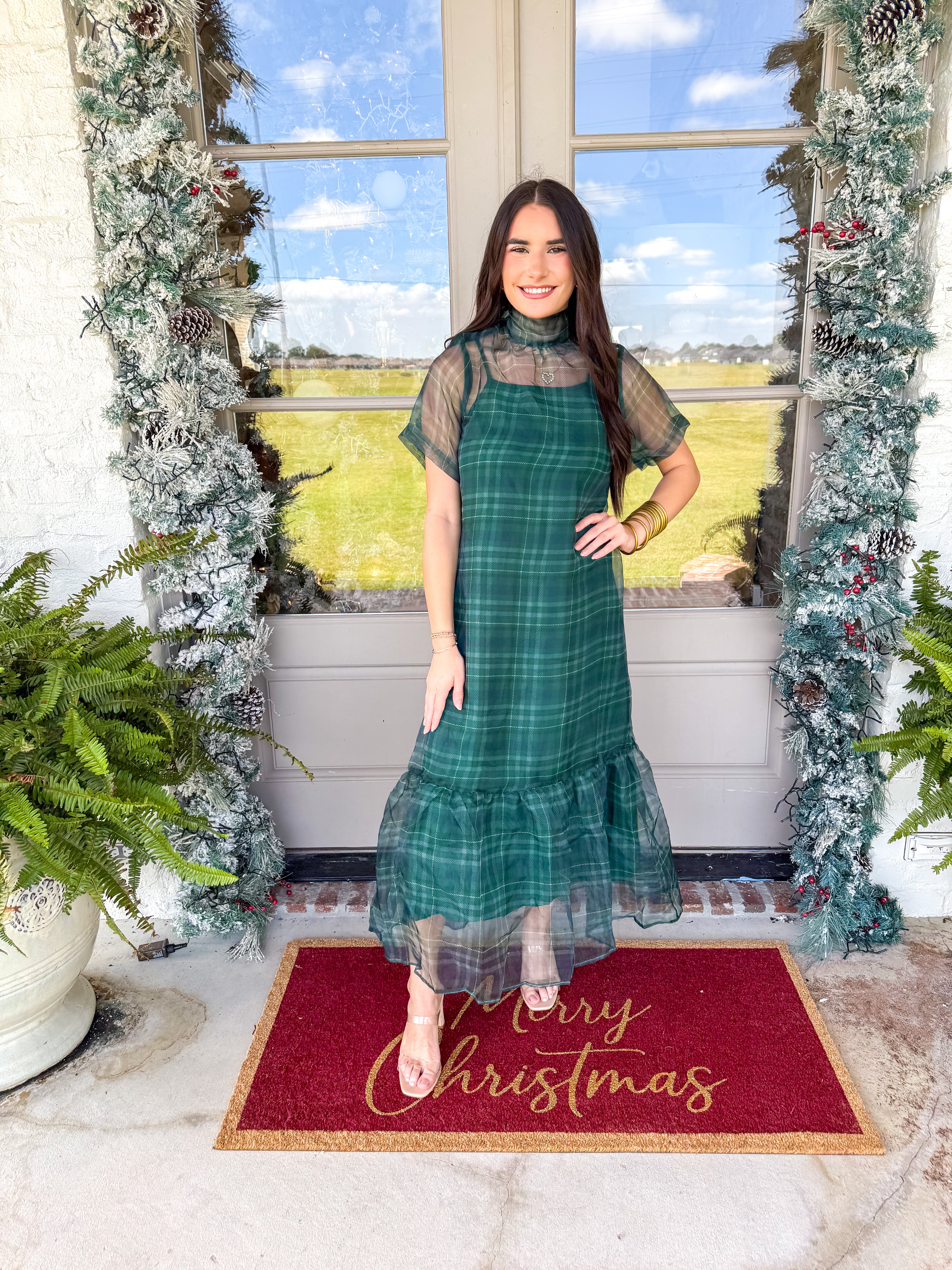 Green Plaid Organza Midi Dress