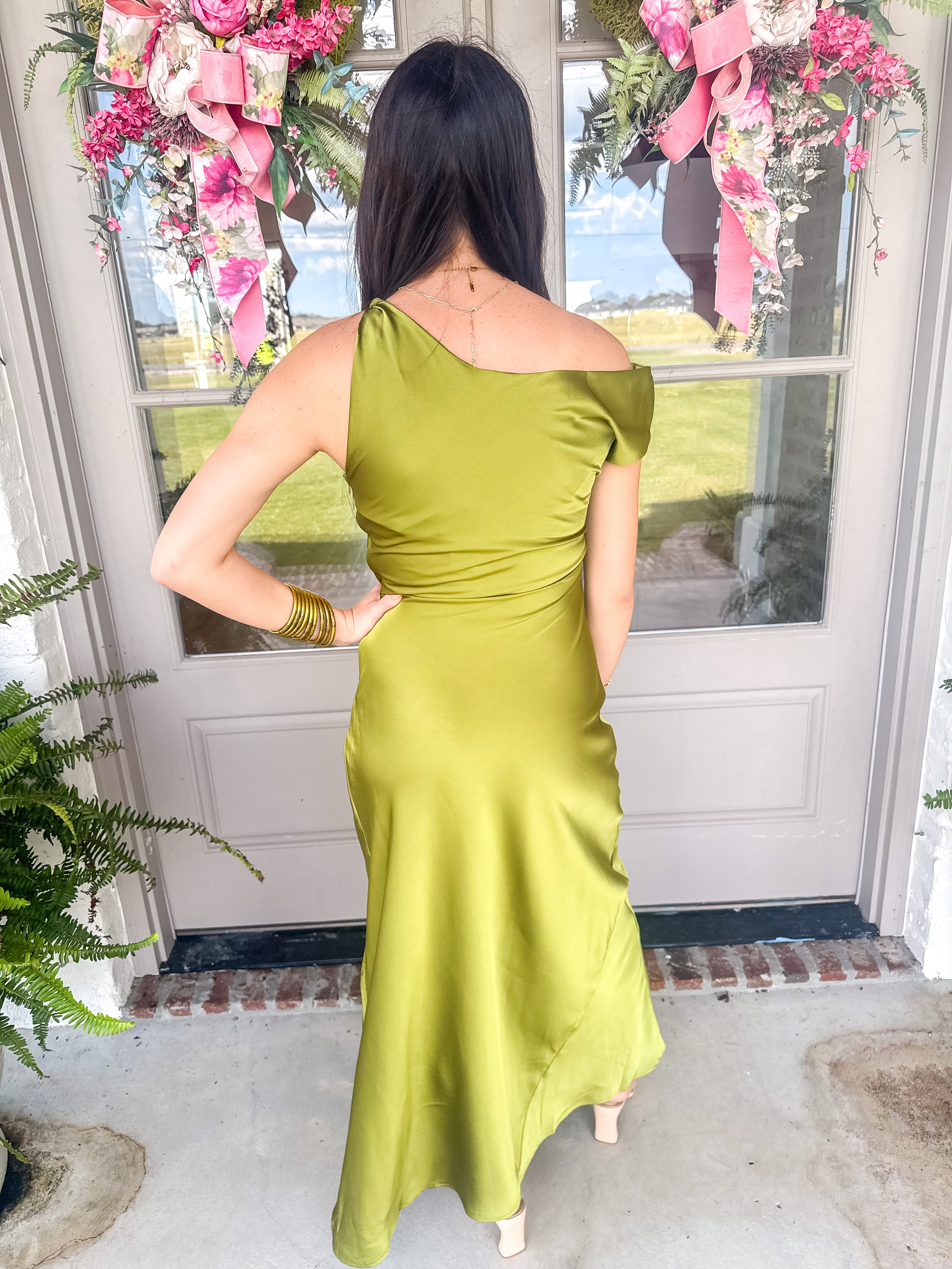 The Olive Hour One-Shoulder Satin Maxi Dress