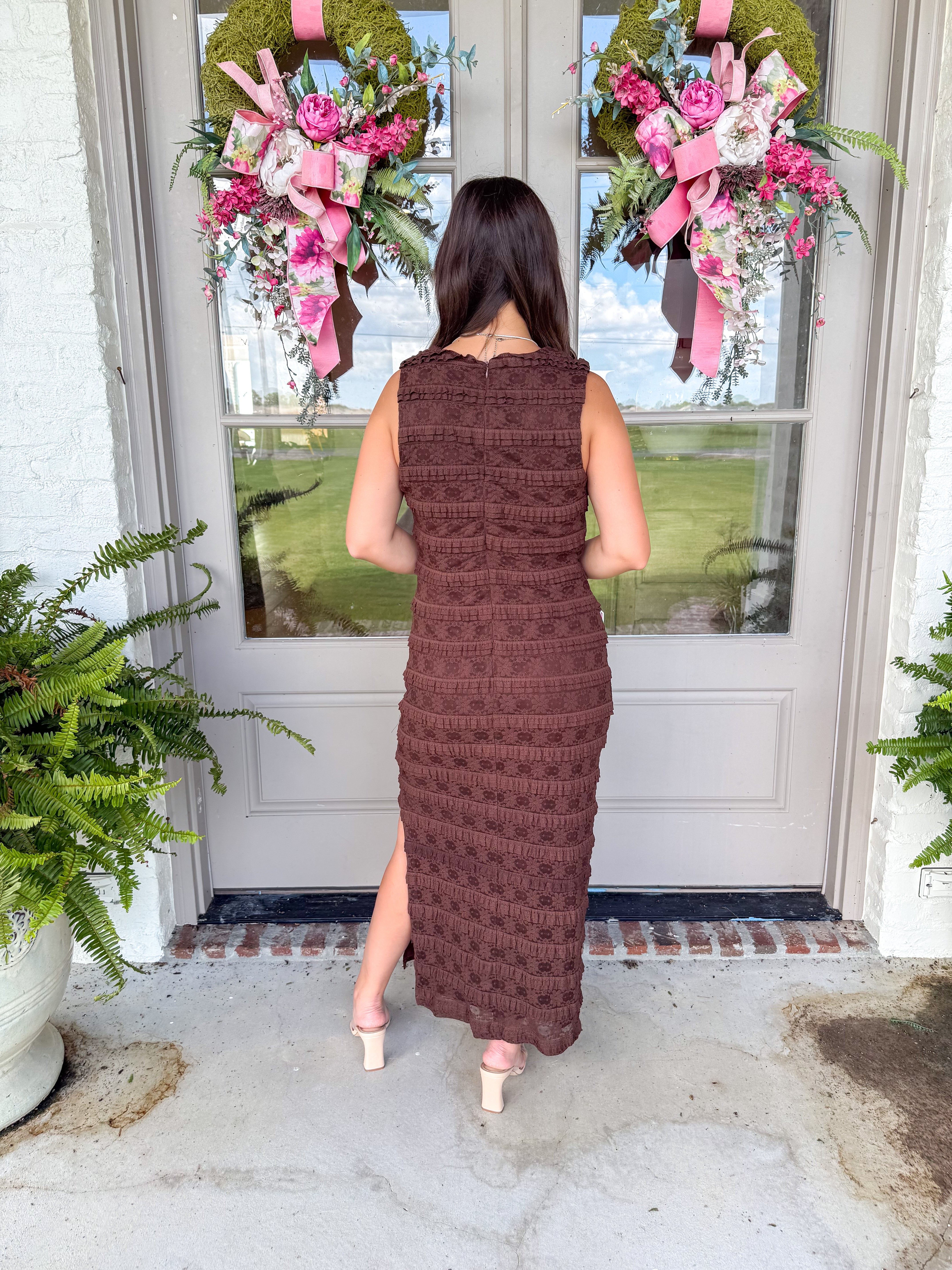 Chocolate Textured Lace Midi Dress