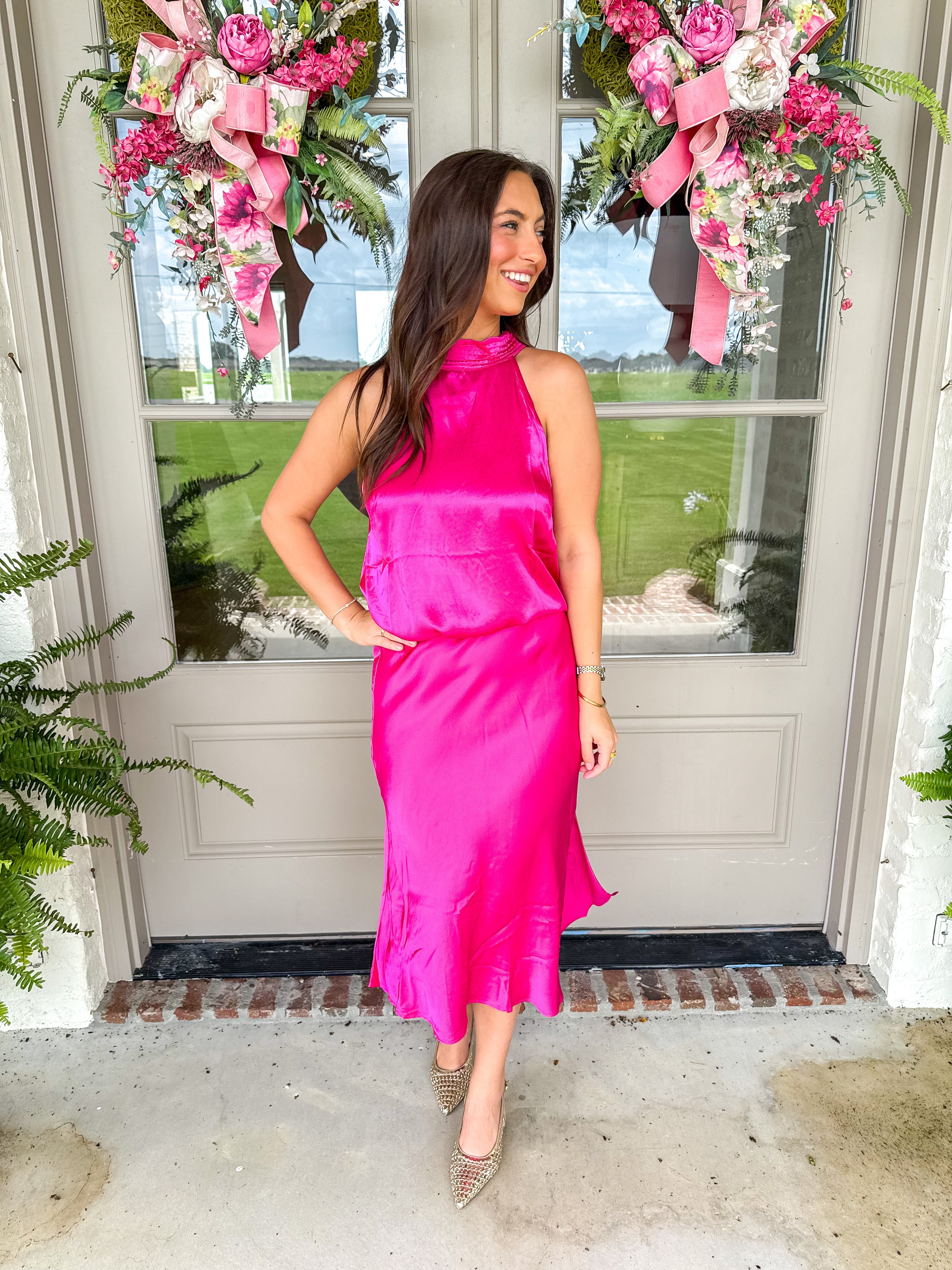 Satin Glow Pink Midi Skirt
