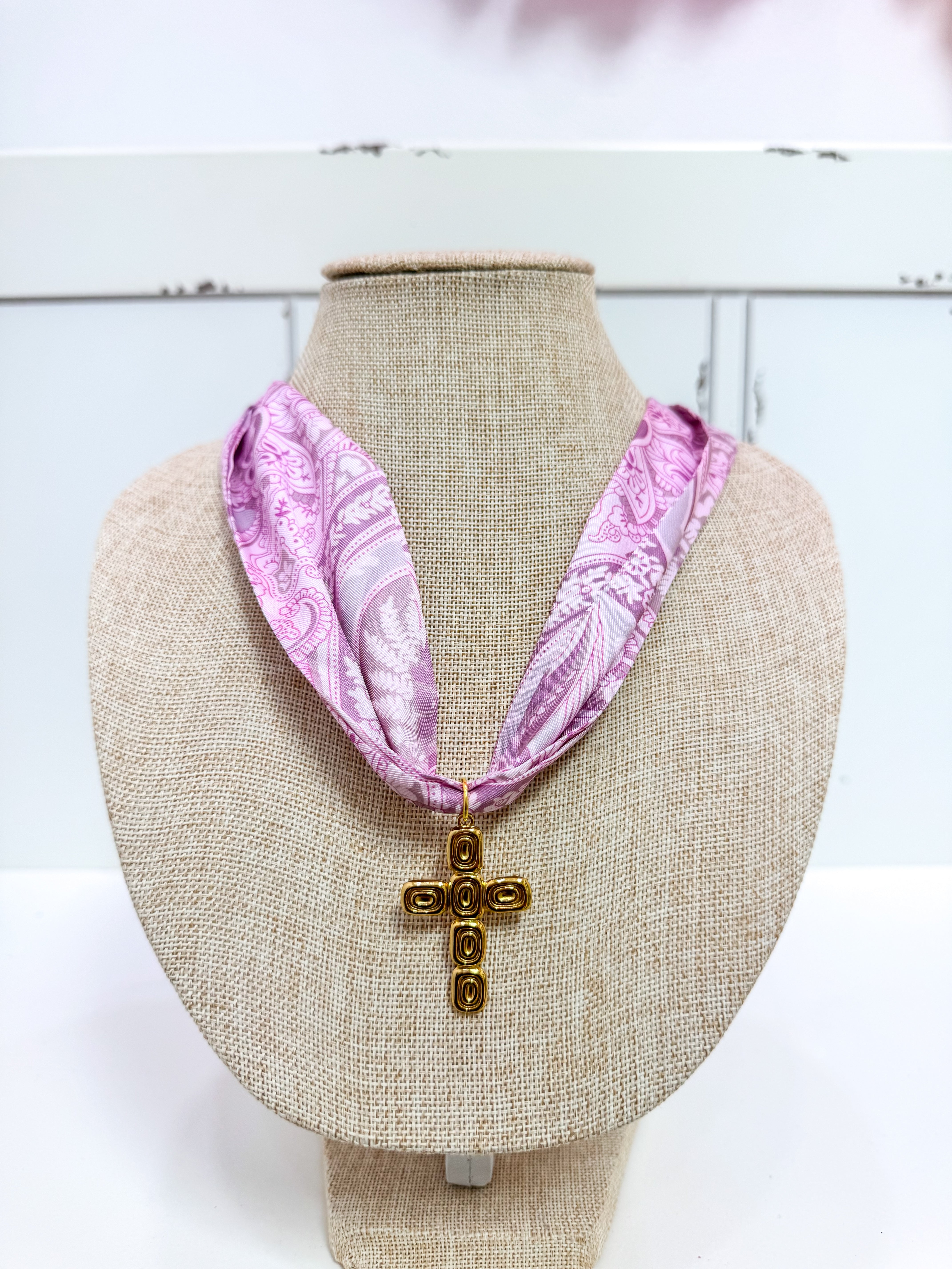 Purple Tapestry Gold Cross Scarf Necklace