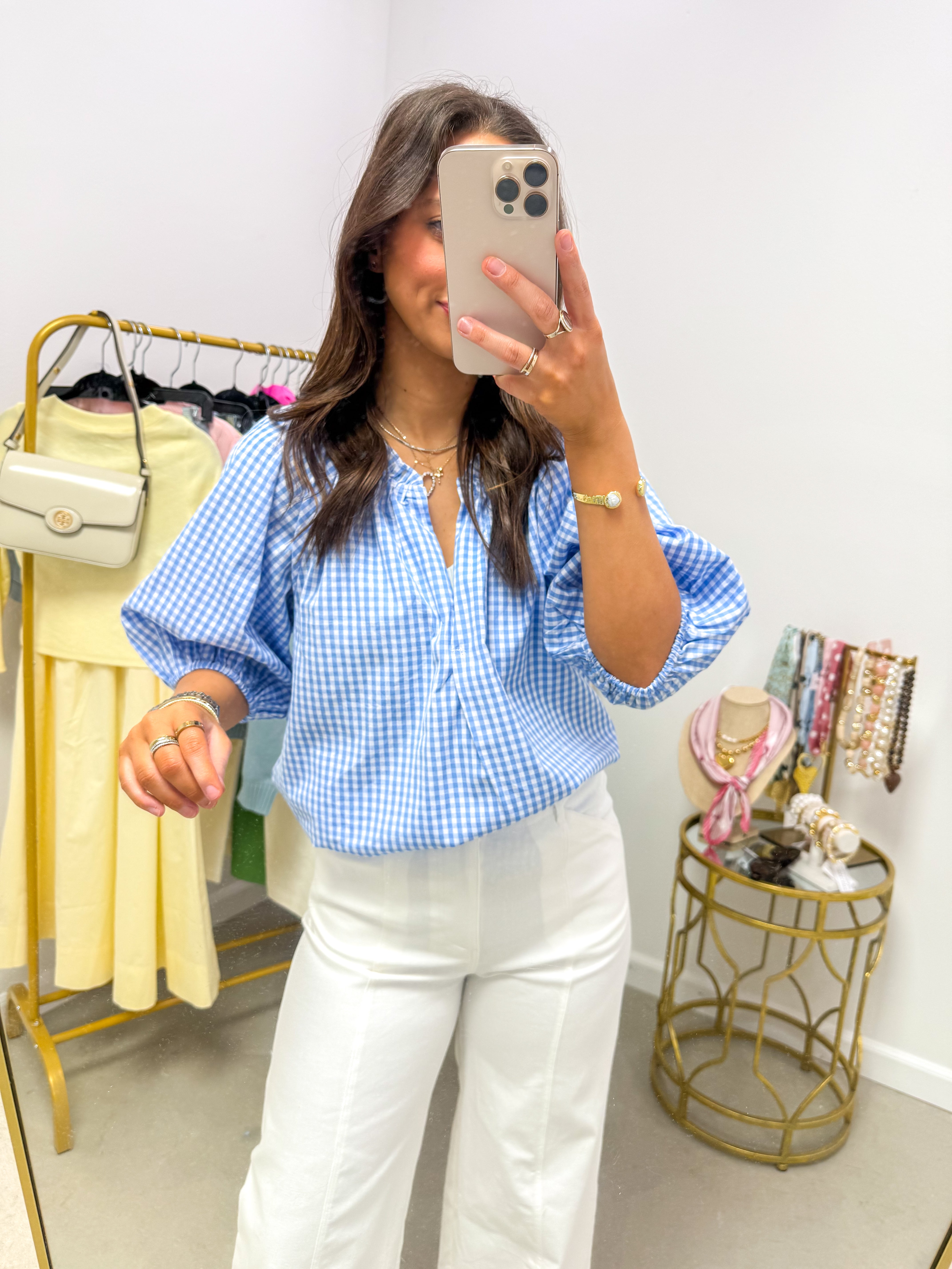 Haylee Light Blue Gingham Puff-Sleeve Shirt