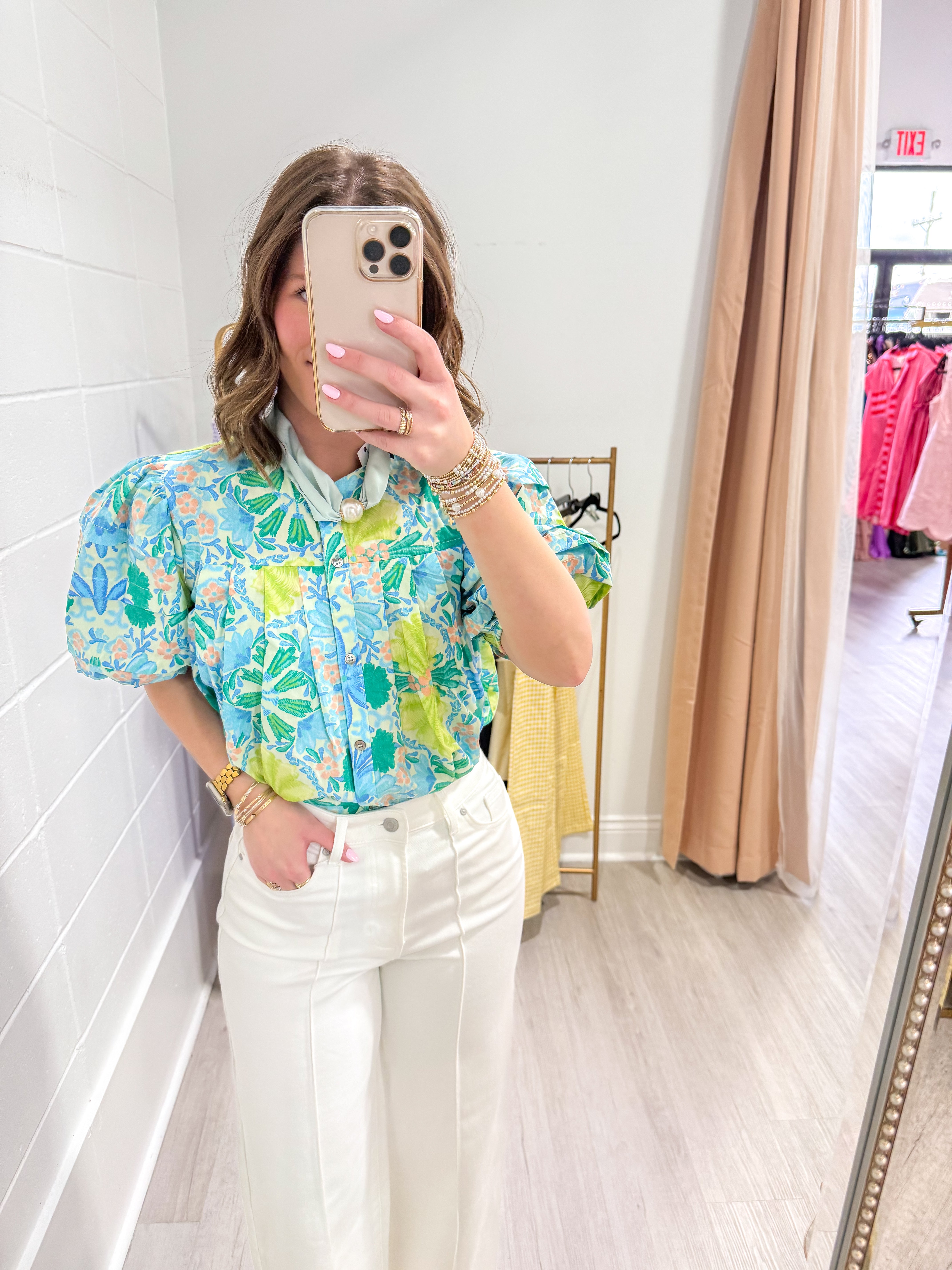 Erica Puff sleeve Lime Multi Blouse