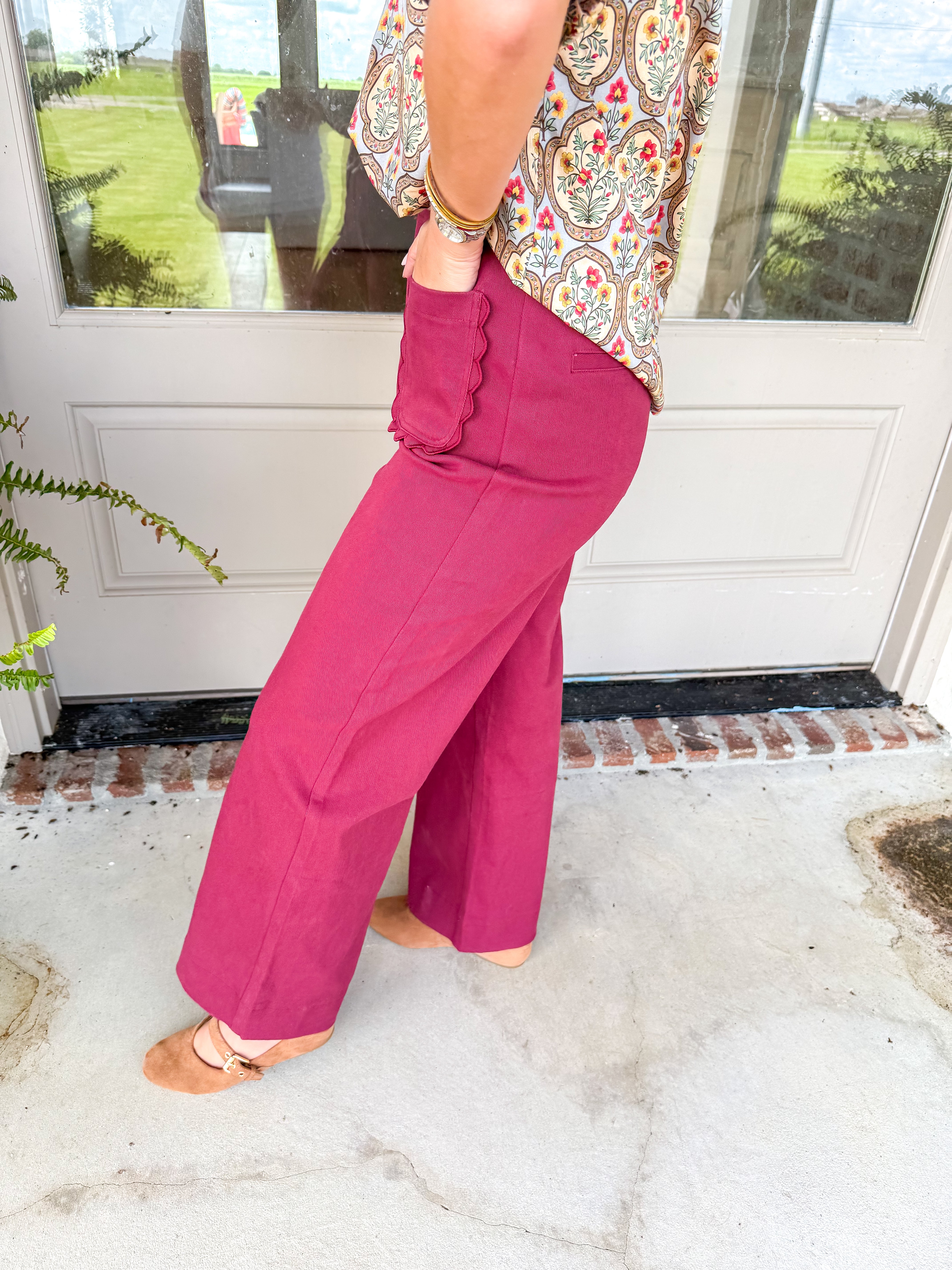 Scalloped Wide Leg Trousers Burgundy
