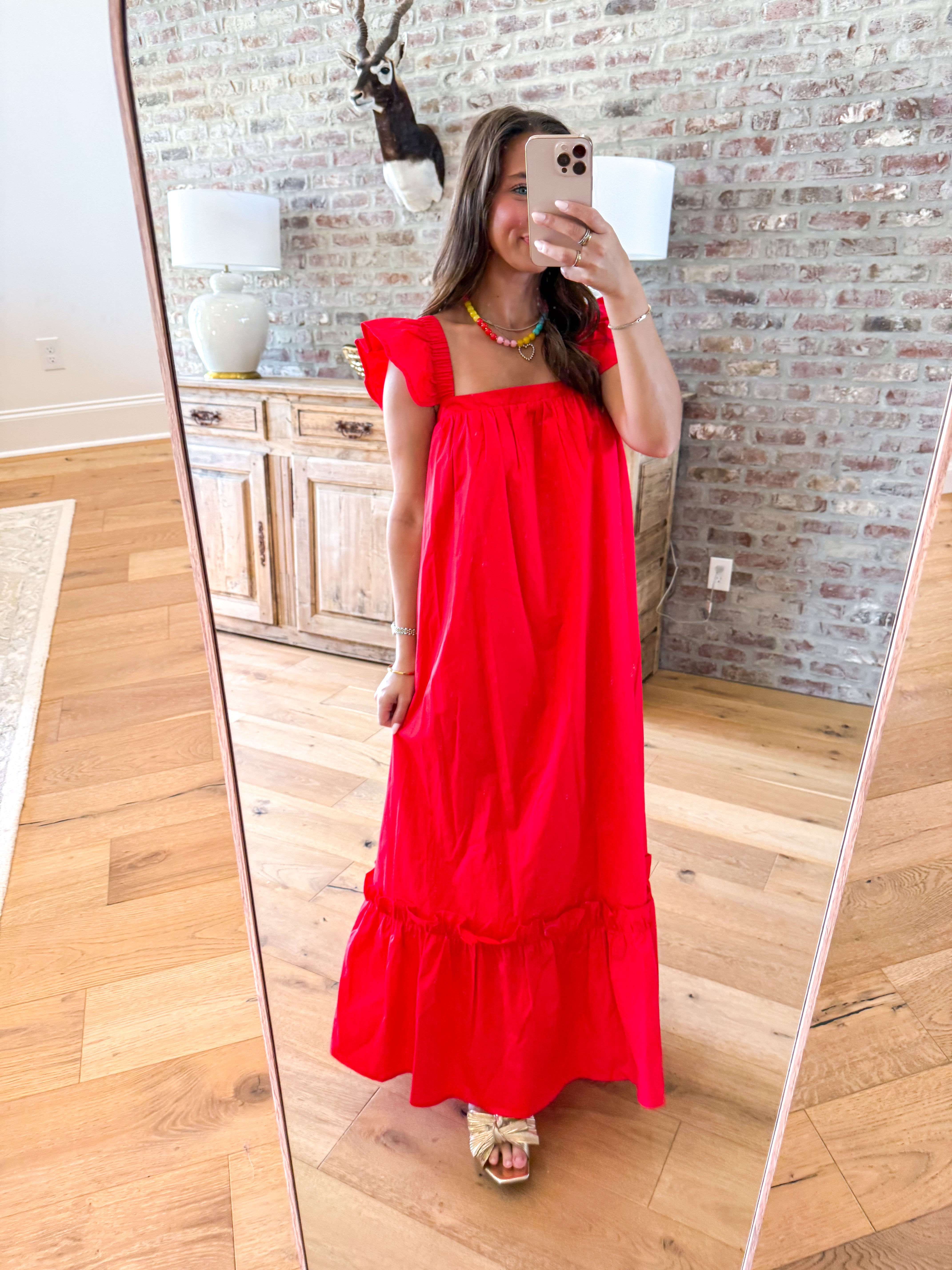 Cherry Red Flutter Sleeve Midi Dress