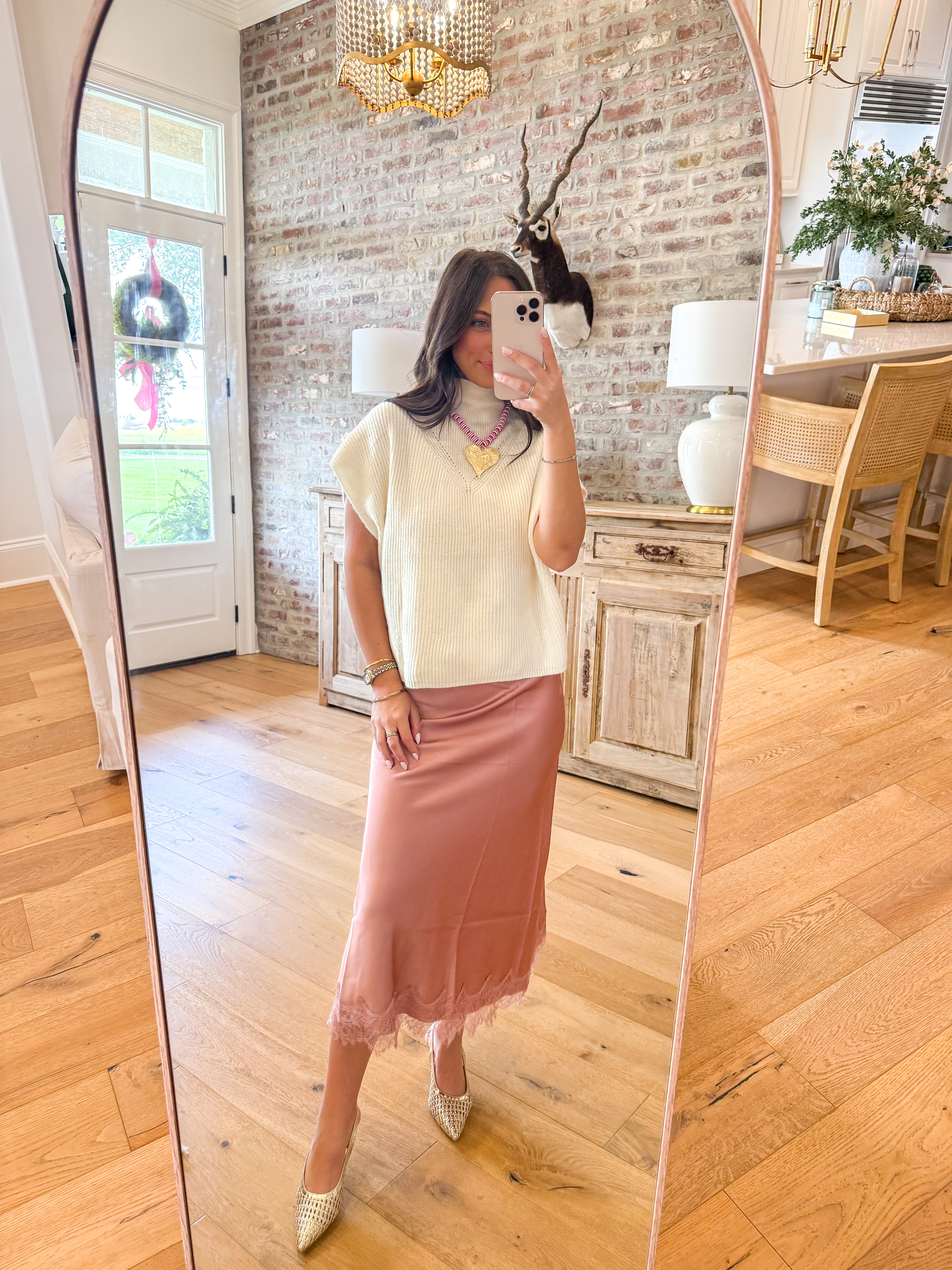 Lace & Satin Midi Skirt Rose