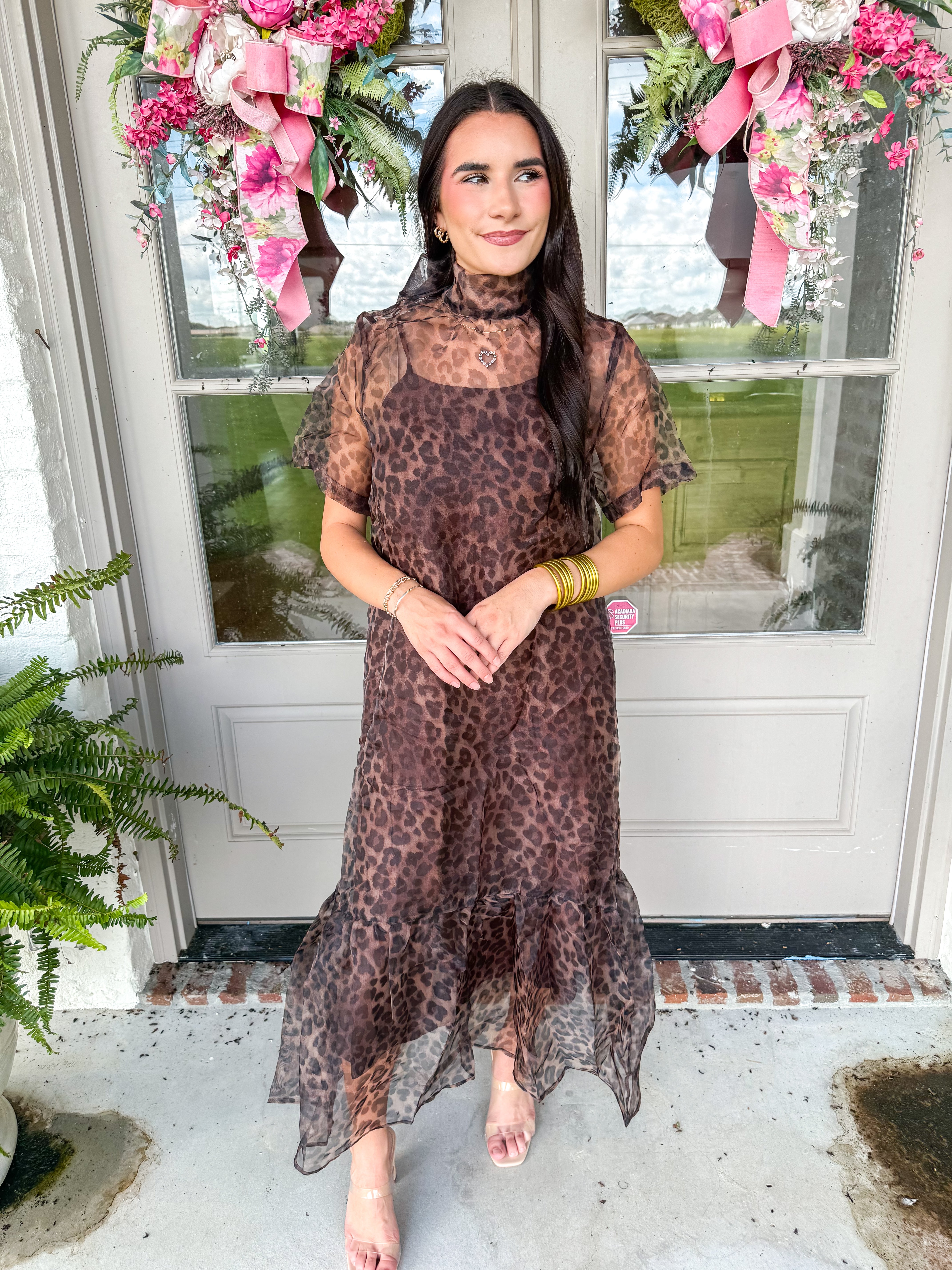 Leopard Organza Scarf-Tie Midi Dress