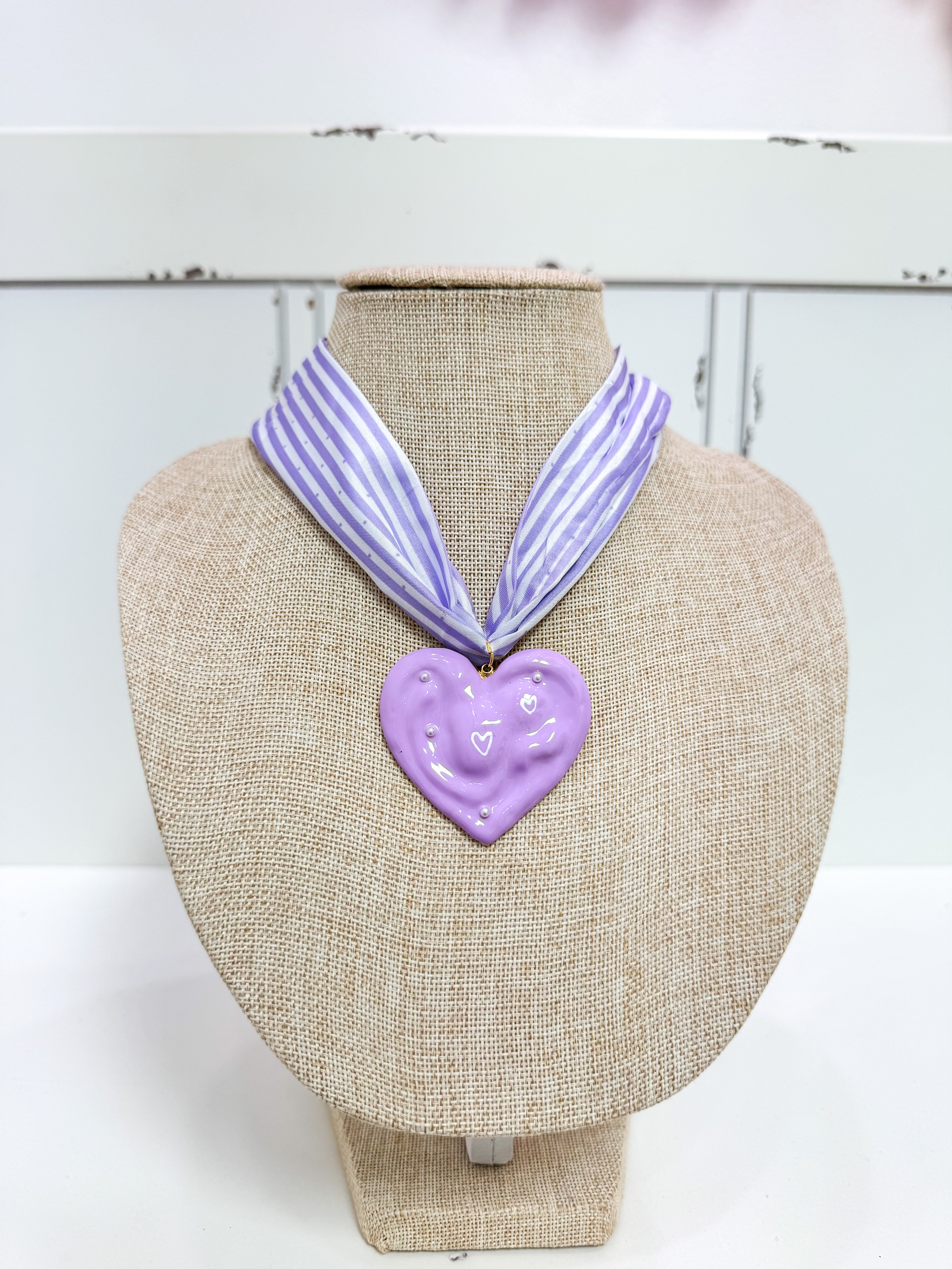 Purple Striped Acrylic Heart Scarf Necklace